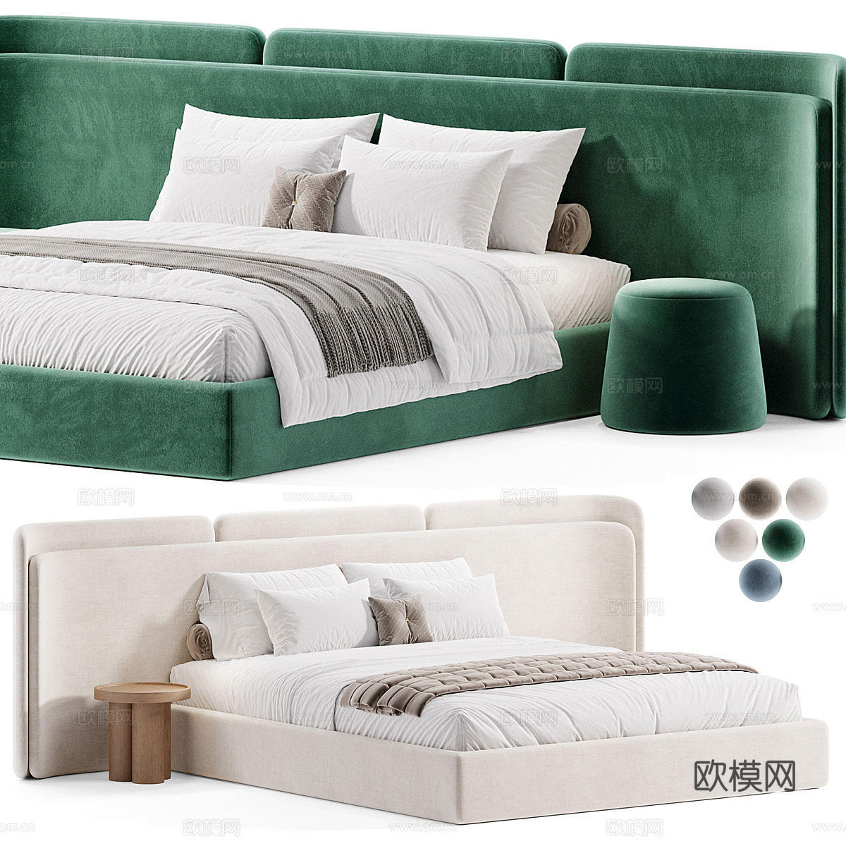 现代布艺双人床3d模型下载（渲染图3）
