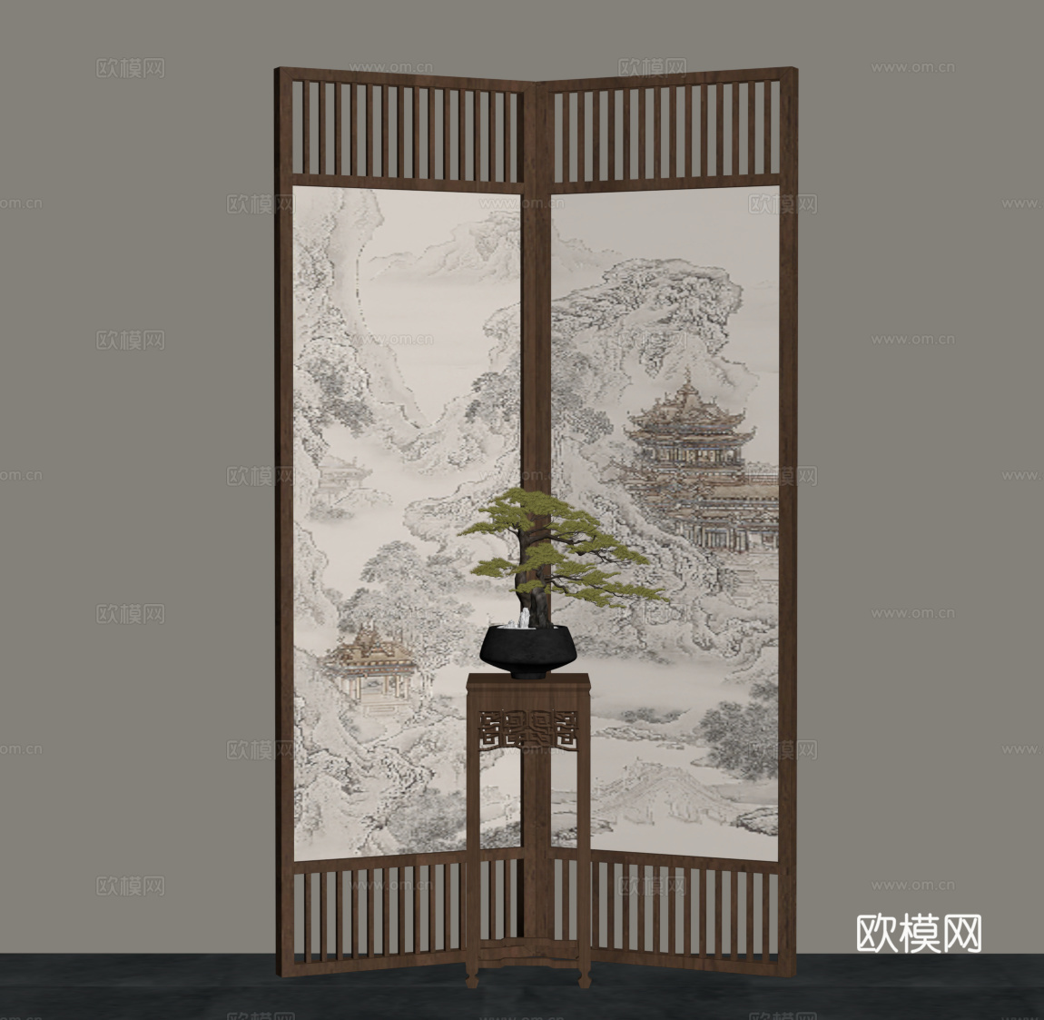 新中式屏风 花架su模型