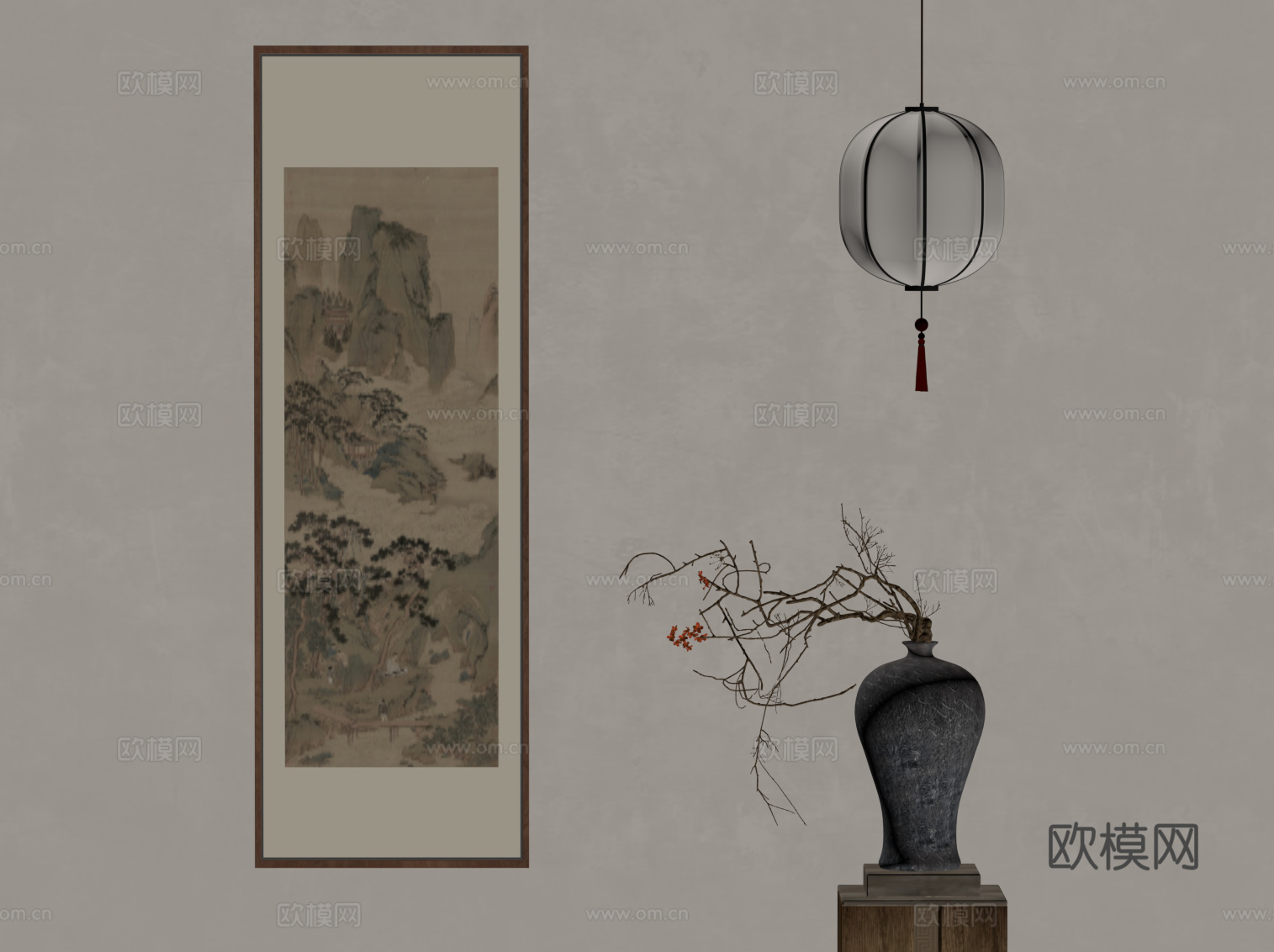 新中式挂画 花瓶 吊灯su模型