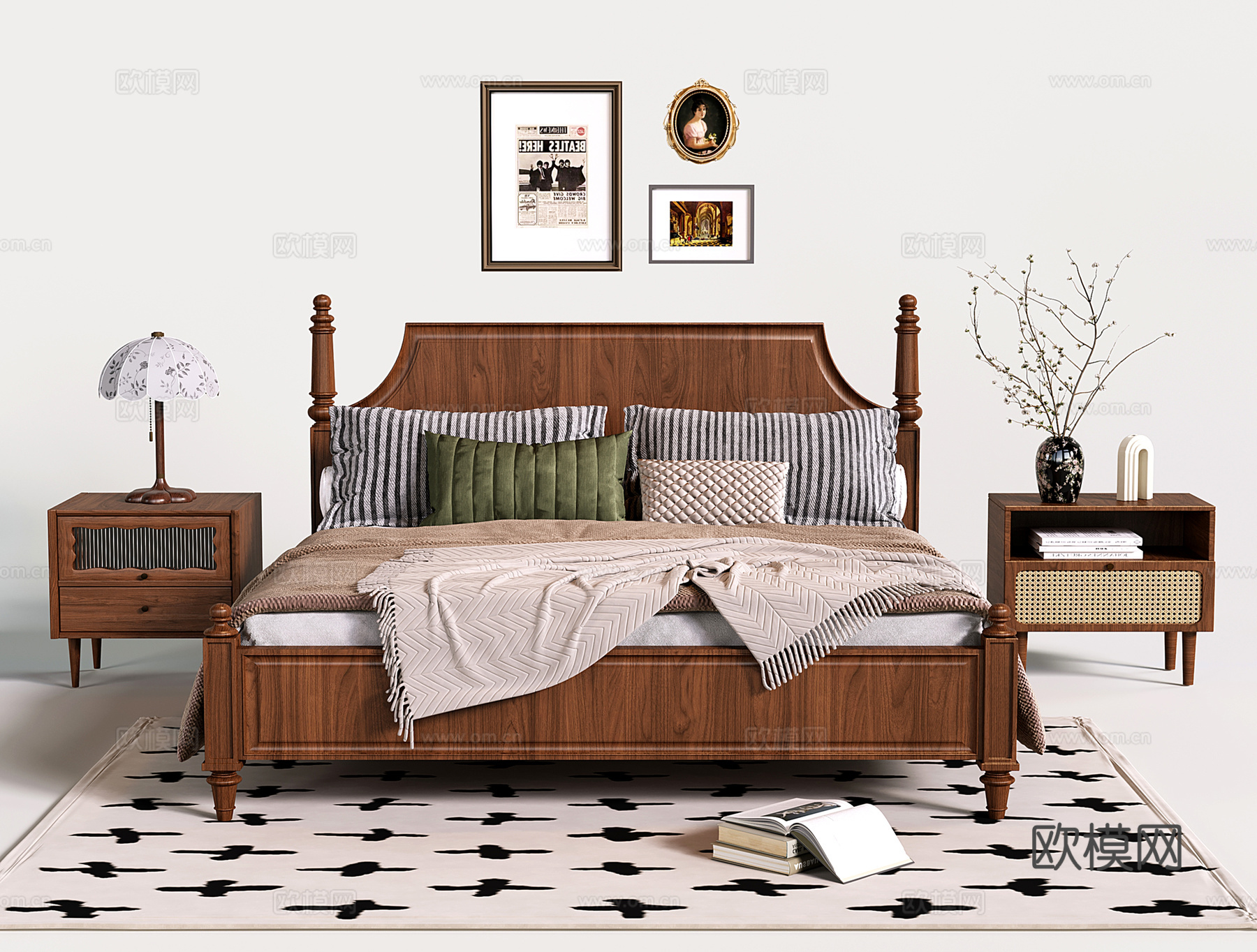 法式双人床 复古实木双人床 主卧双人床3d模型下载
