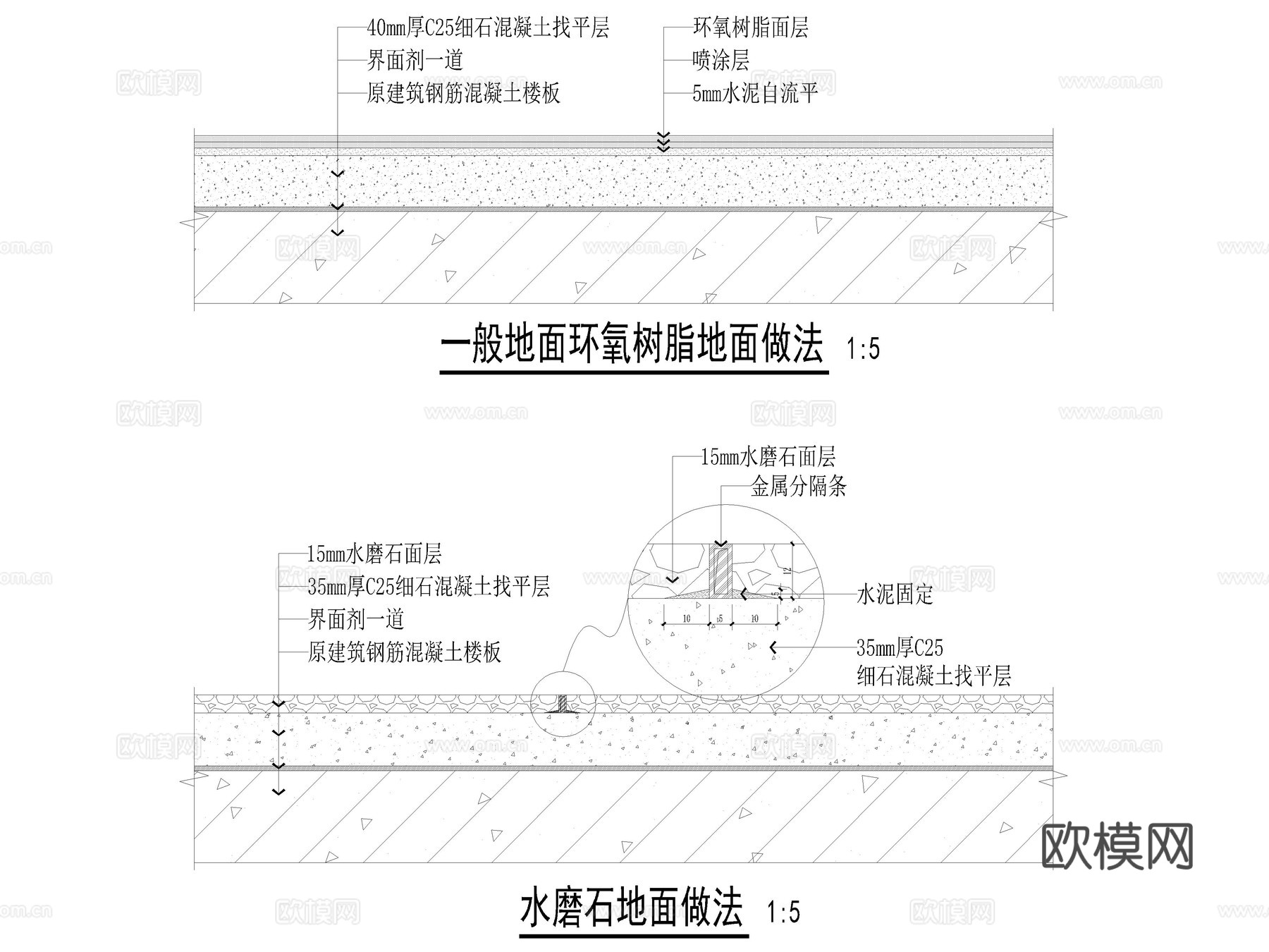 水磨石铺装做法 水磨石地面节点 水磨石 水磨石地坪节点cad施工图