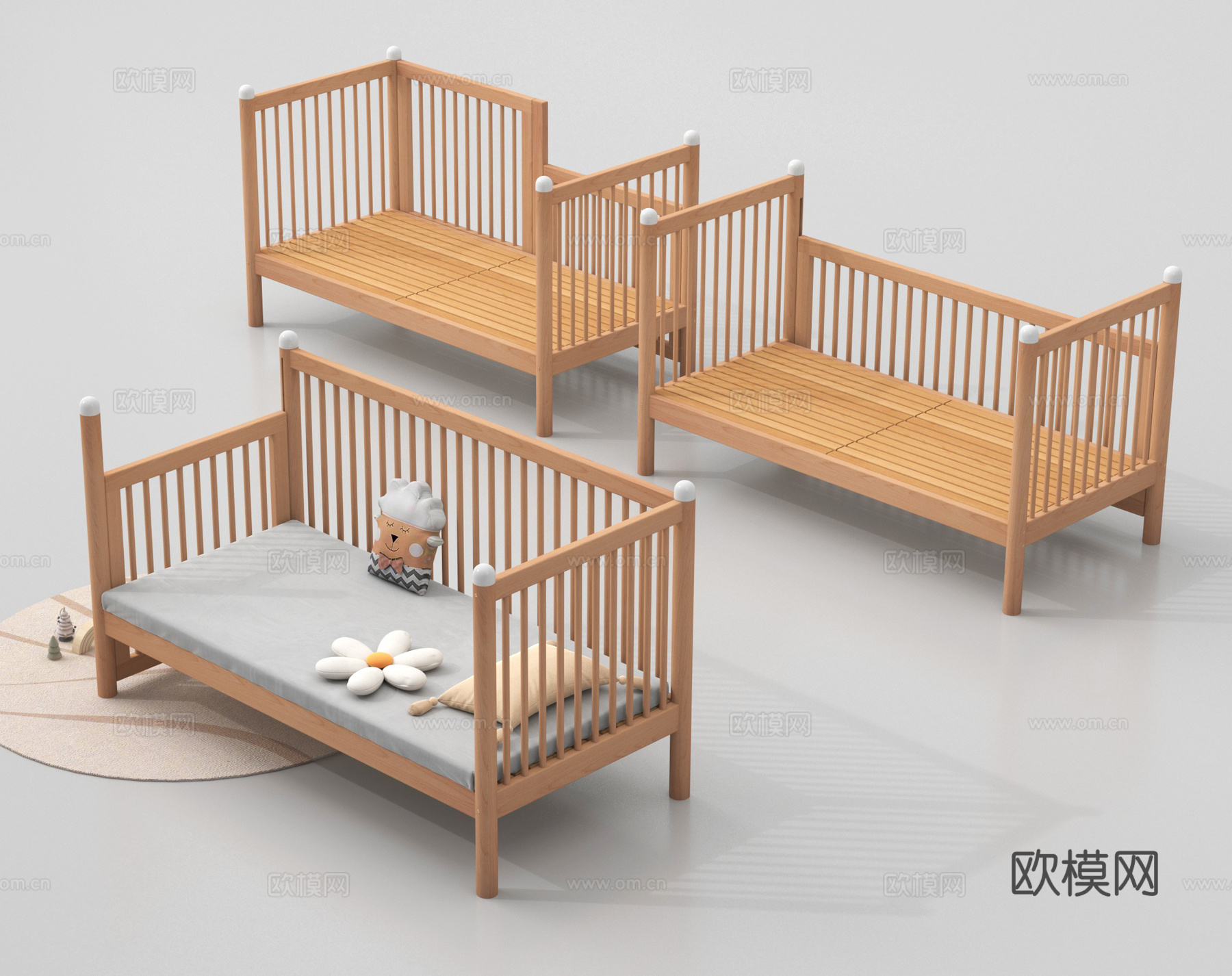 现代儿童床 实木婴儿床 带护栏婴儿床3d模型下载