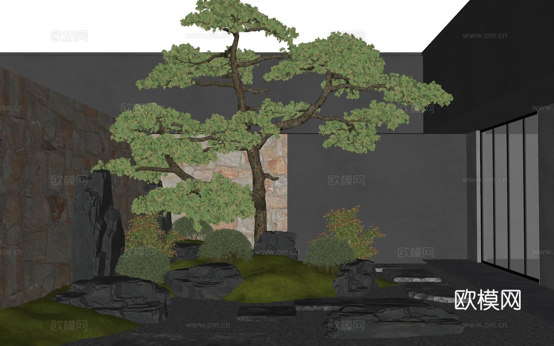 新中式天井庭院景观 天井庭院 松树 青石板 景观石su模型
