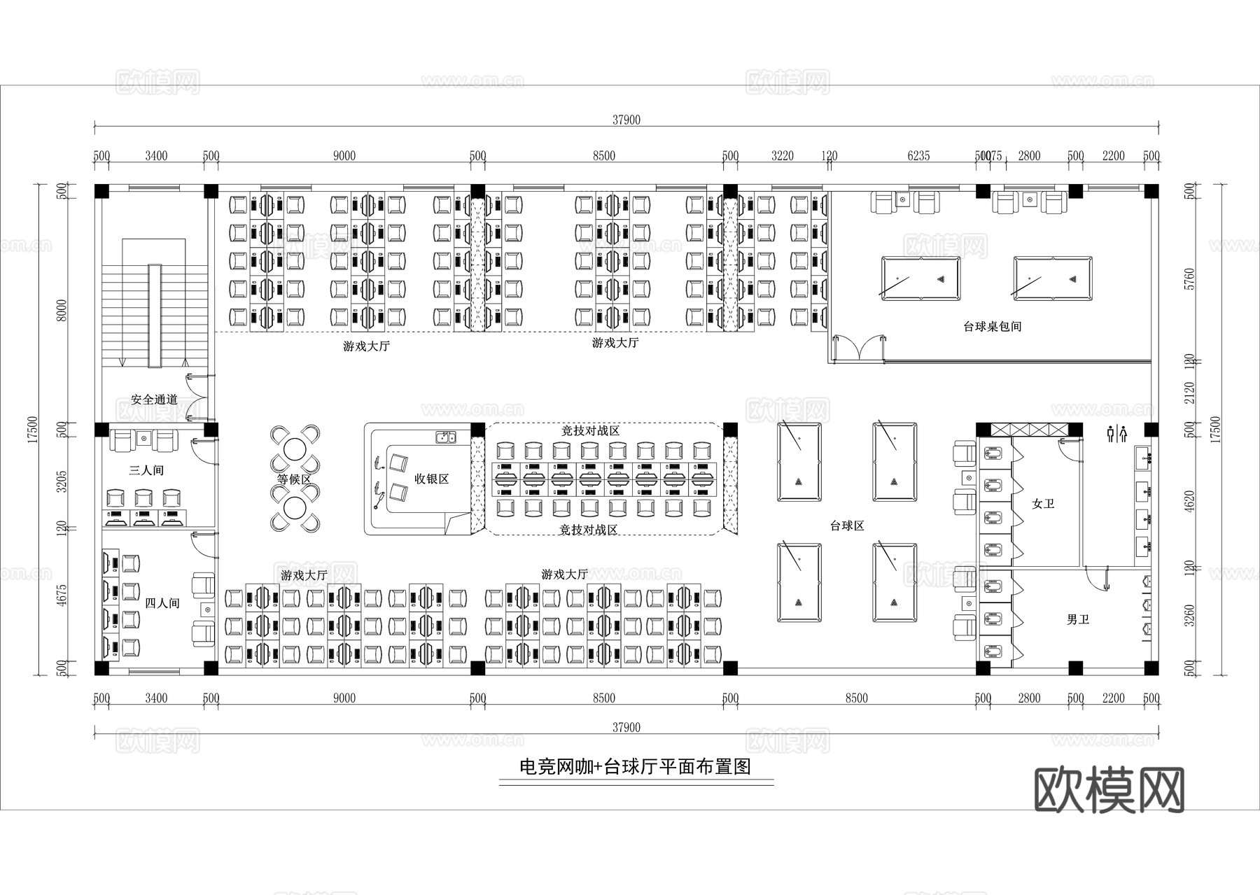 网吧台球厅综合休闲室平面图cad施工图