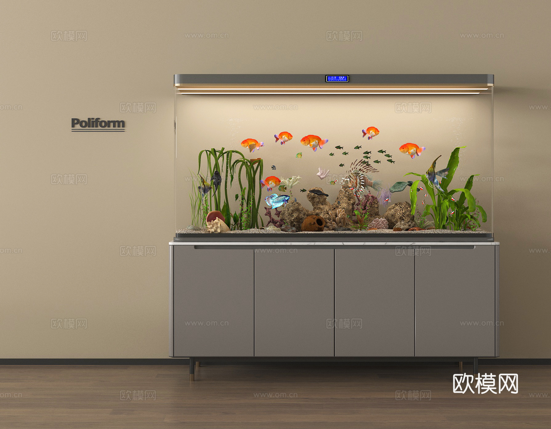 现代鱼缸 水族箱 热带鱼 观赏鱼 装饰柜su模型