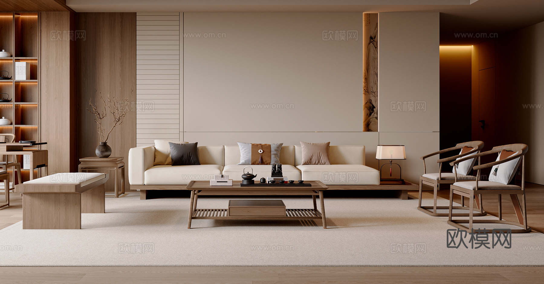 新中式中式沙发茶几组合 休闲椅 新中式三人沙发 宋式风沙发3d模型下载