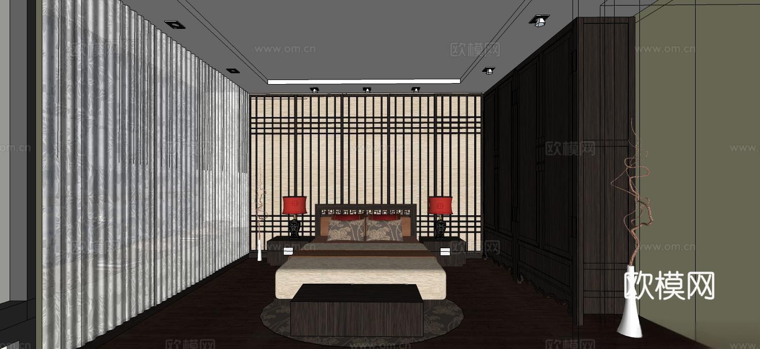 中式卧室 中式风格 中式双人床su模型