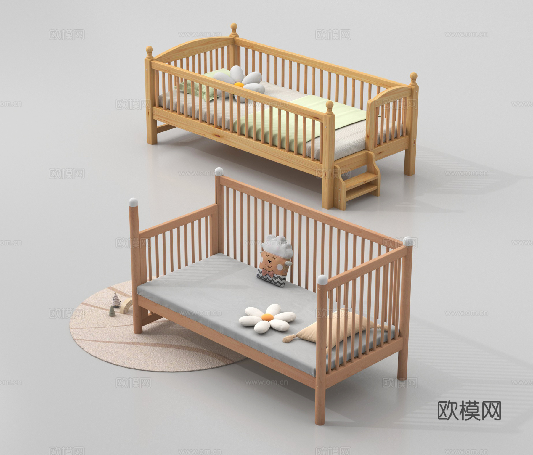 现代儿童床 实木婴儿床 带护栏婴儿床su模型