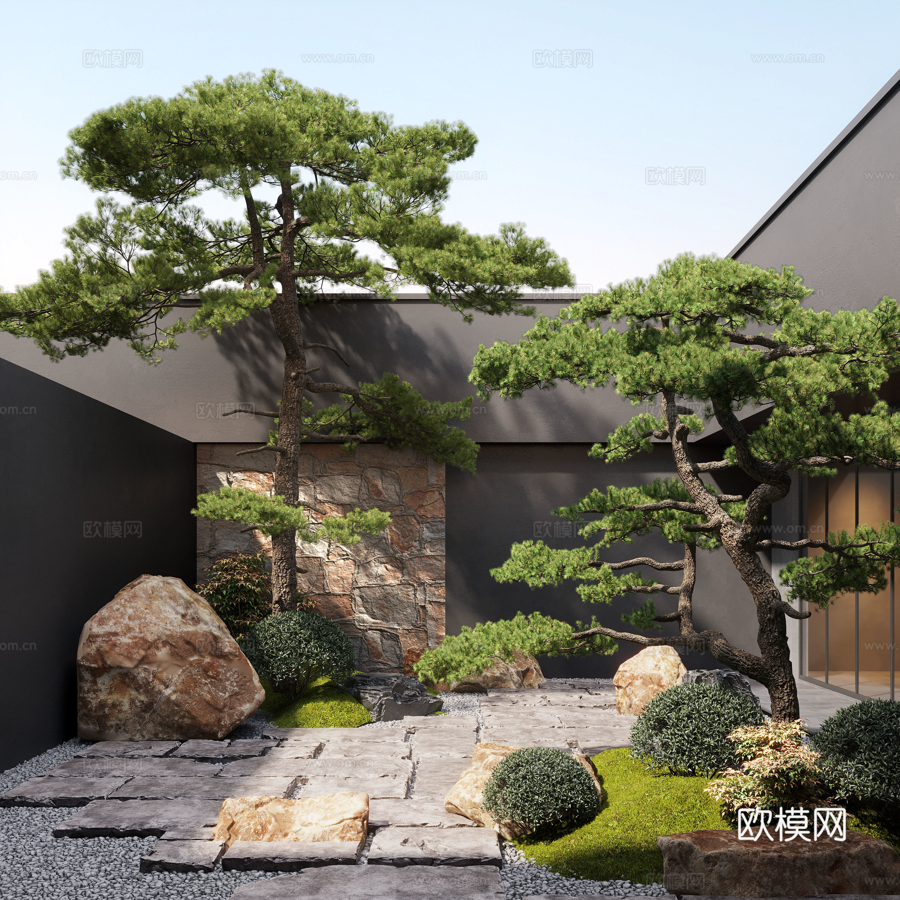 新中式天井庭院景观 天井庭院 松树 青石板 景观石su模型