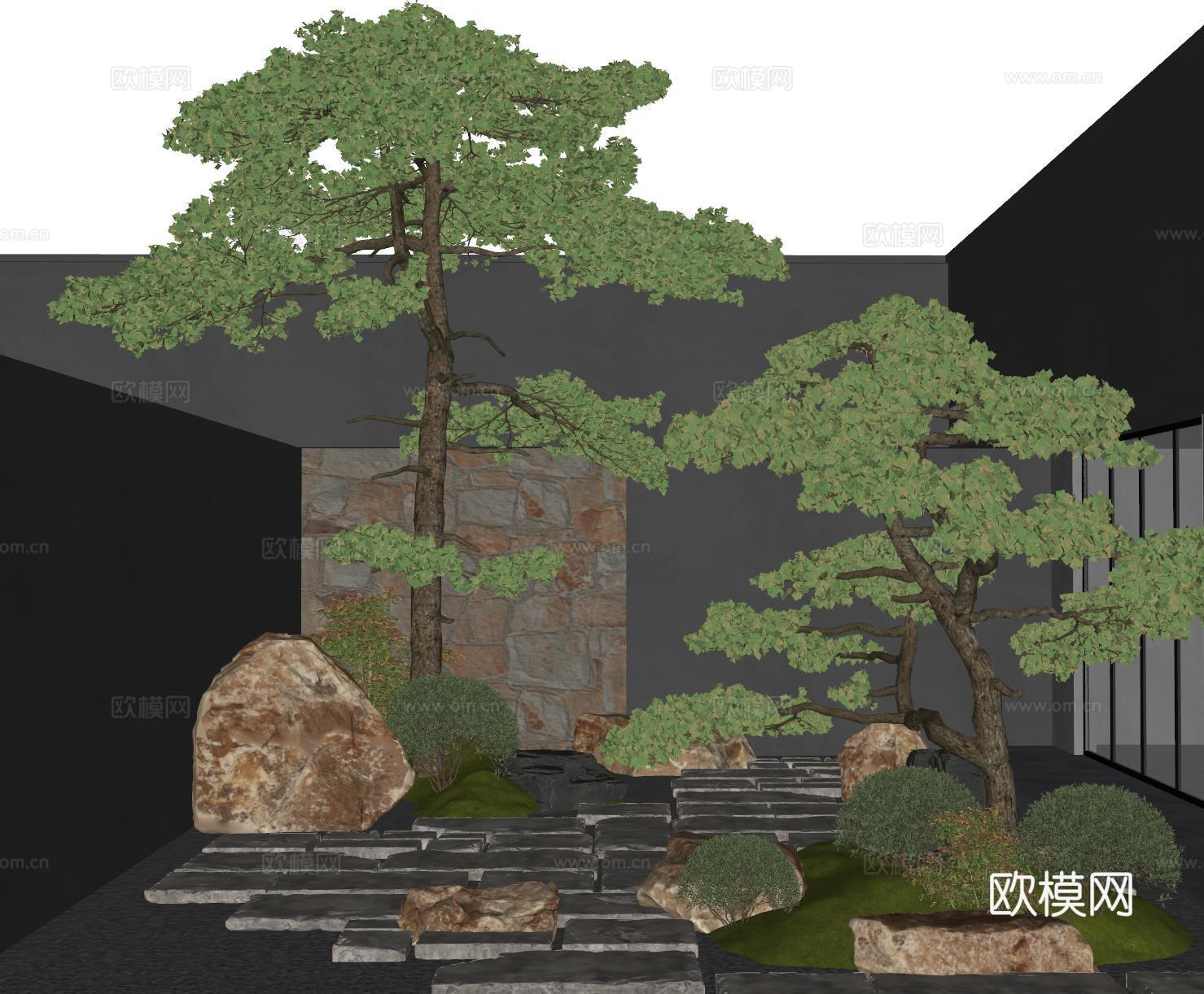 新中式天井庭院景观 天井庭院 松树 青石板 景观石su模型