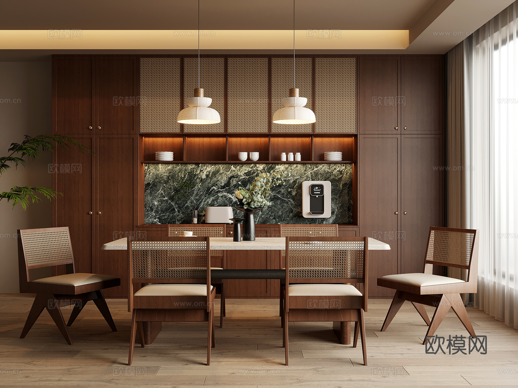 中古风餐厅 酒柜 餐桌椅3d模型下载