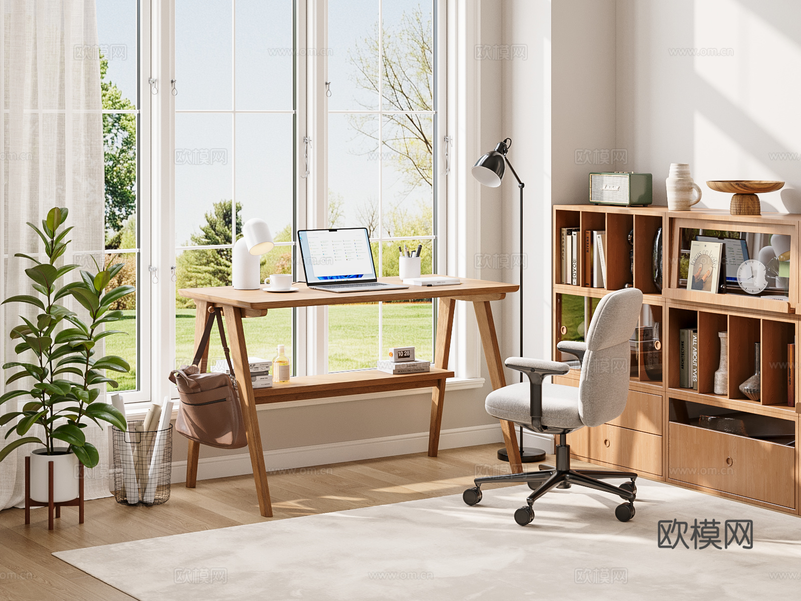 北欧原木书房 书桌椅 书柜书架 绿植盆栽 闹钟 笔记本电脑3d模型下载