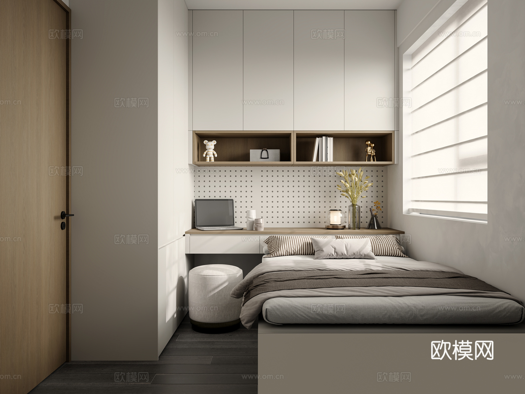 现代极简卧室 榻榻米卧室 洞洞板 香格里拉窗帘 卧室书桌3d模型下载