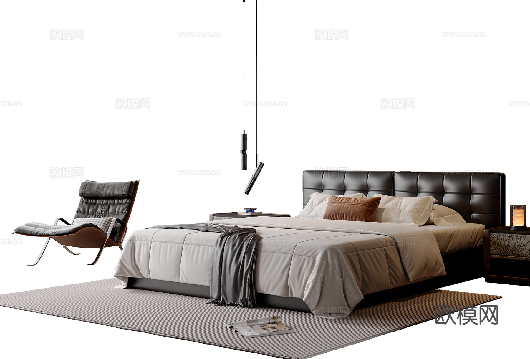 现代意式双人床 皮质双人床 休闲椅 吊灯  床头柜3d模型下载