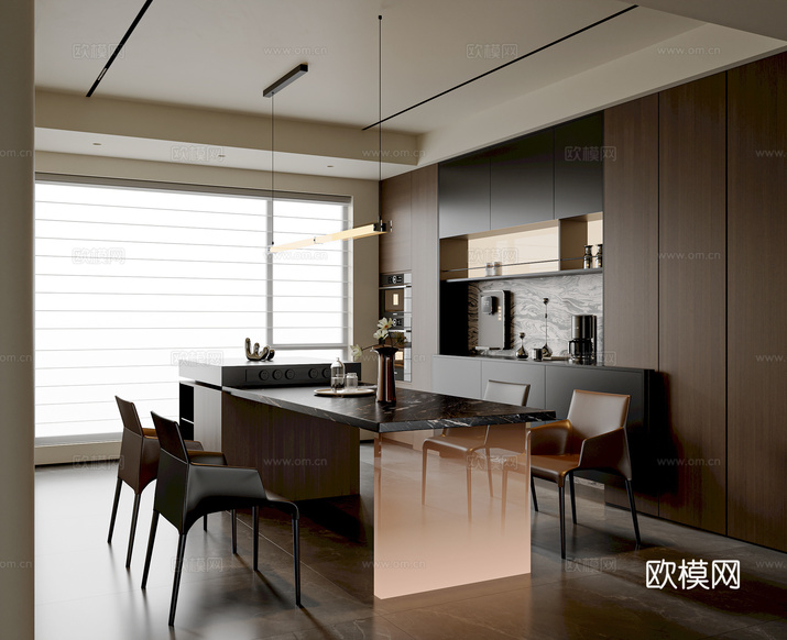 现代意式餐厅 餐厅岛台 餐椅 吊灯 餐边柜 岛台摆件3d模型下载_ID16086495_3dmax免费模型-欧模网