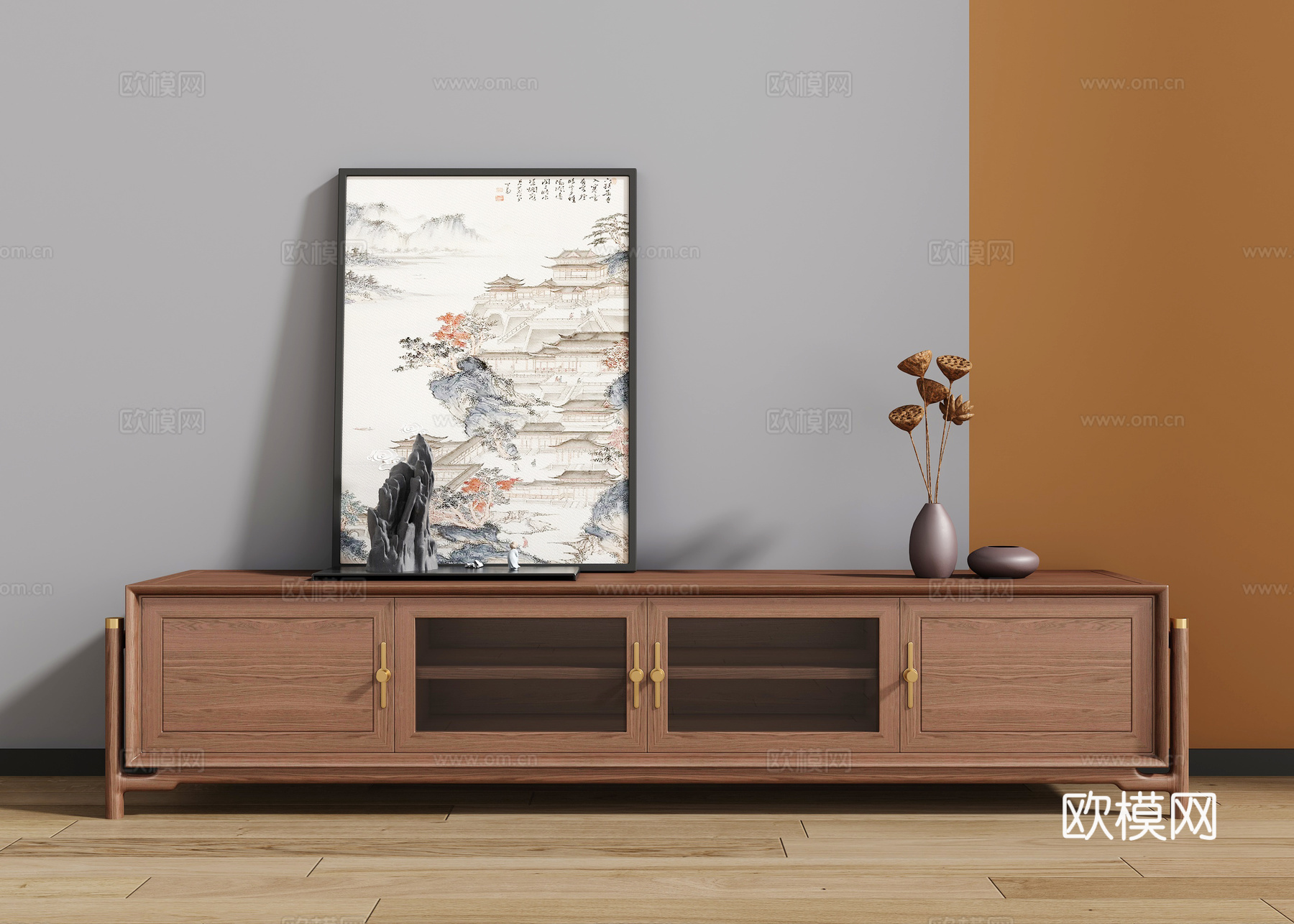 新中式电视柜3d模型下载