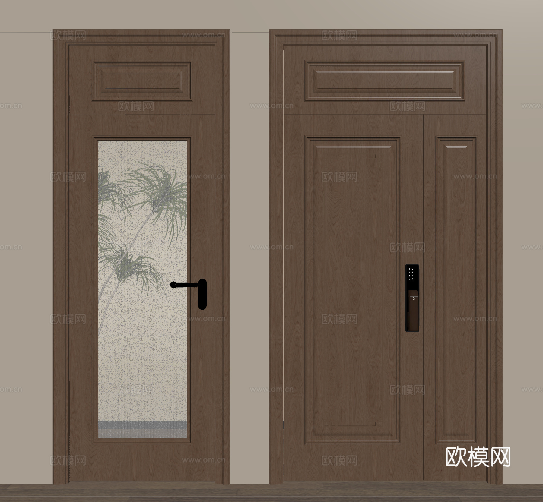 新中式单开门 平开门 卧室门 玻璃门 入户门 指纹锁门su模型