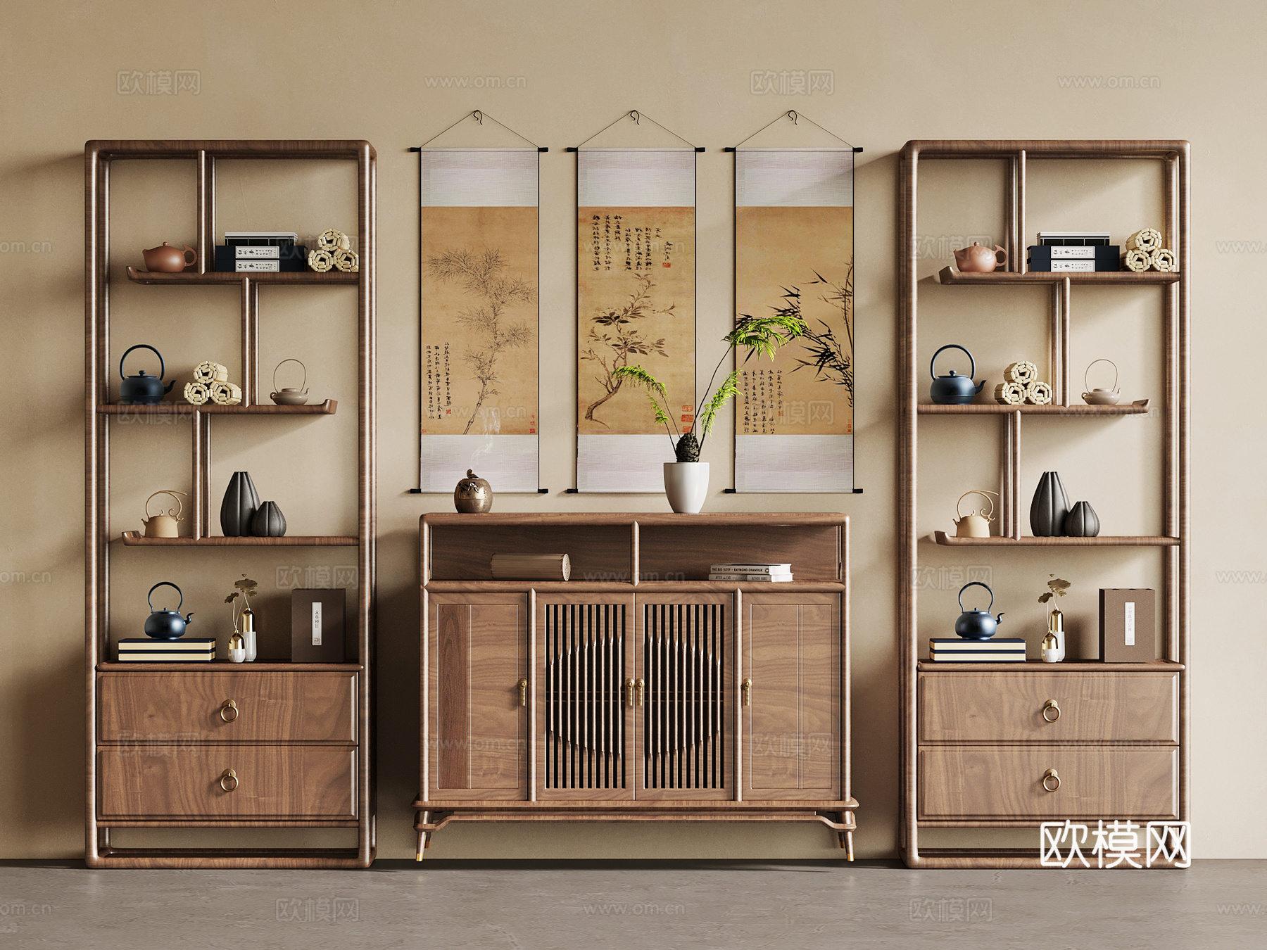 新中式博古架 玄关柜 挂画3d模型3d模型下载