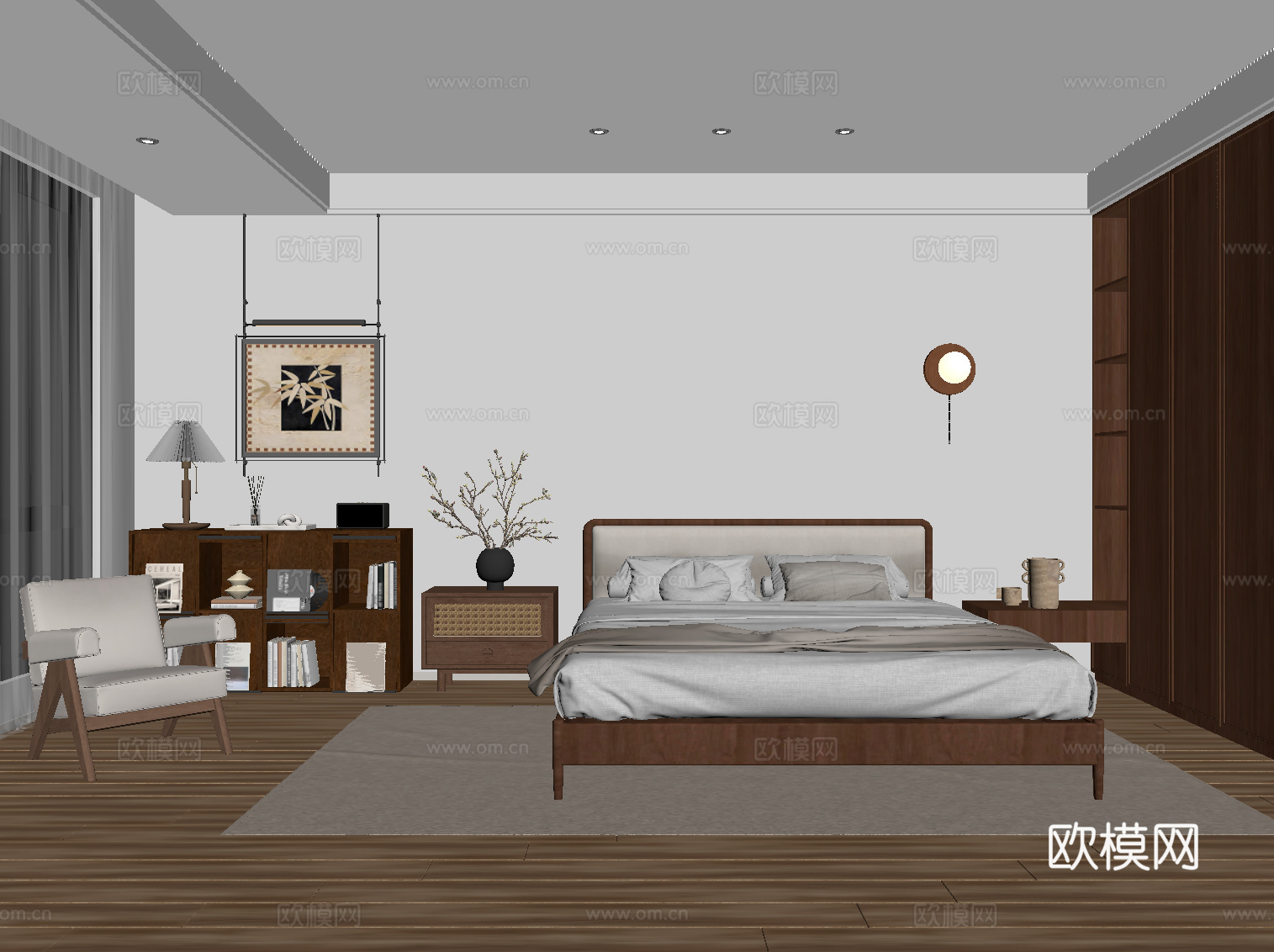 中古卧室 双人床 置物架su模型