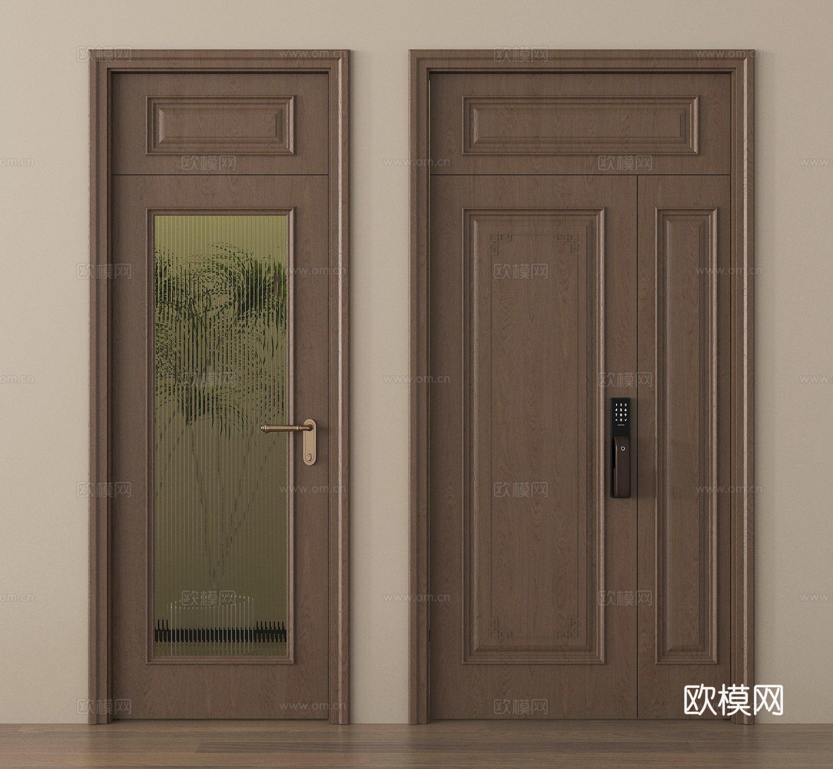 新中式单开门 平开门 卧室门 玻璃门 入户门 指纹锁门su模型
