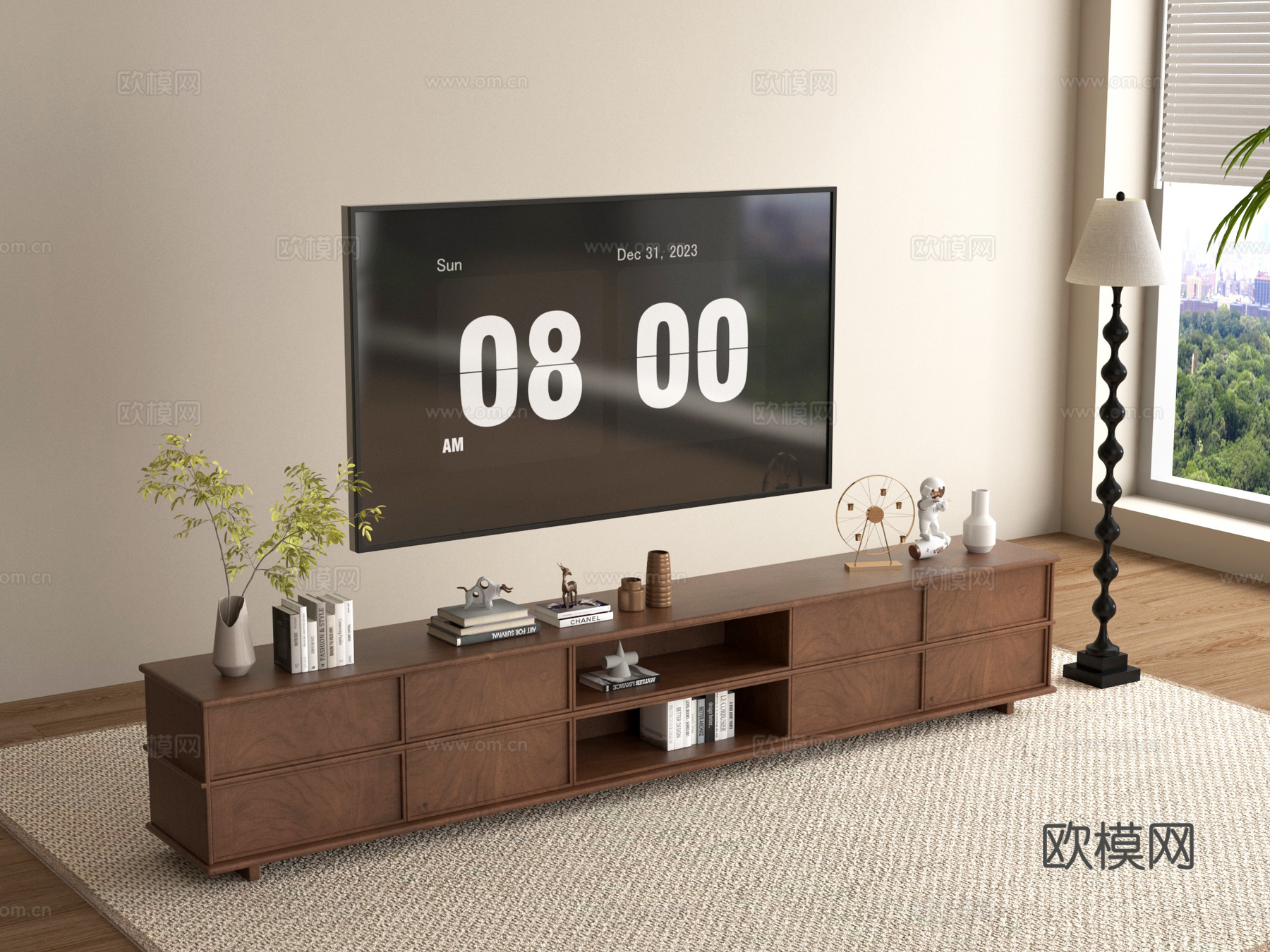 中古原木电视柜 落地电视柜 电视 落地灯3d模型下载