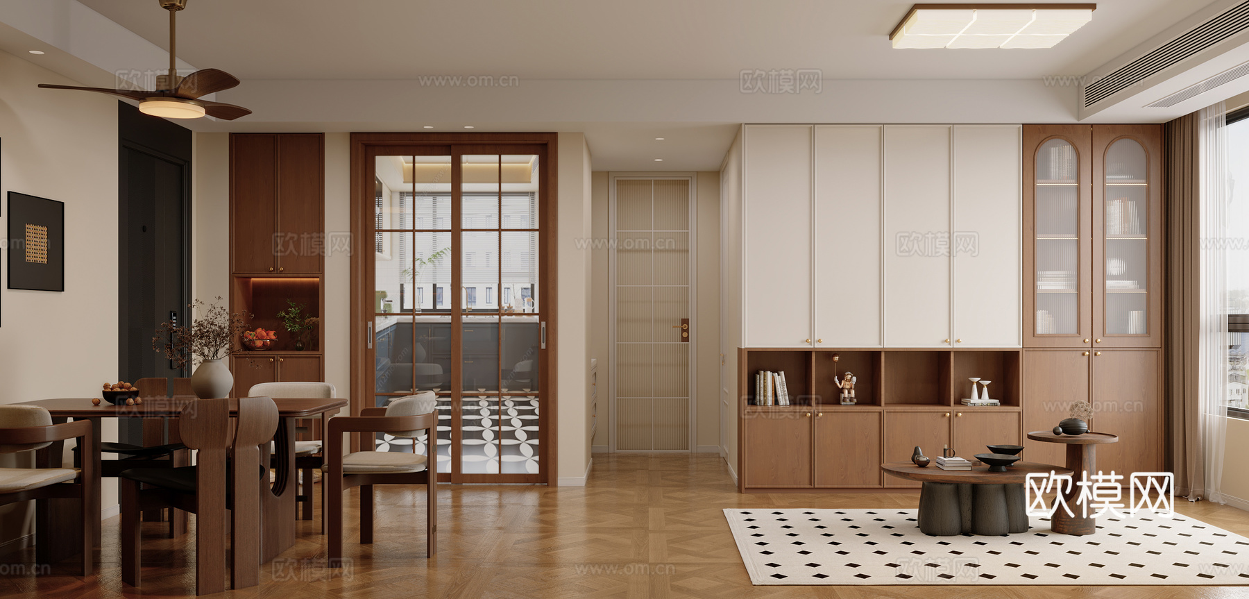 中古风奶油客餐厅3d模型下载