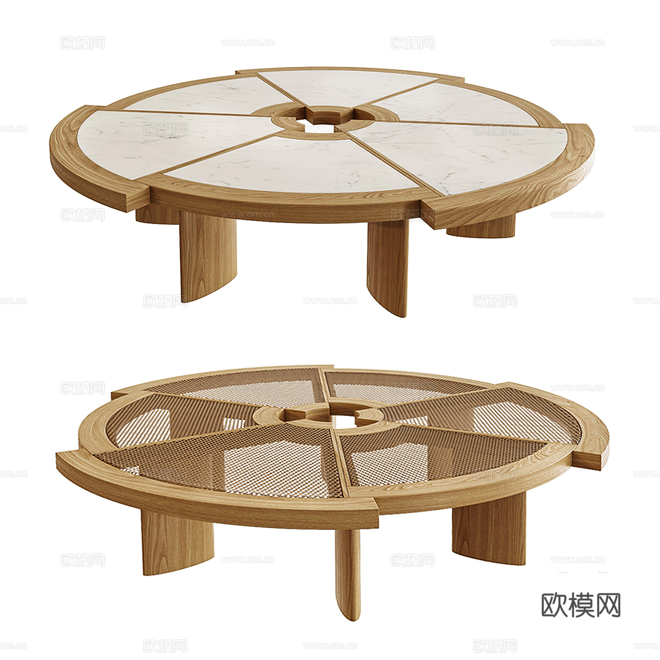 Cassina 现代侘寂风茶几组合 中古风圆形茶几 木茶几su模型