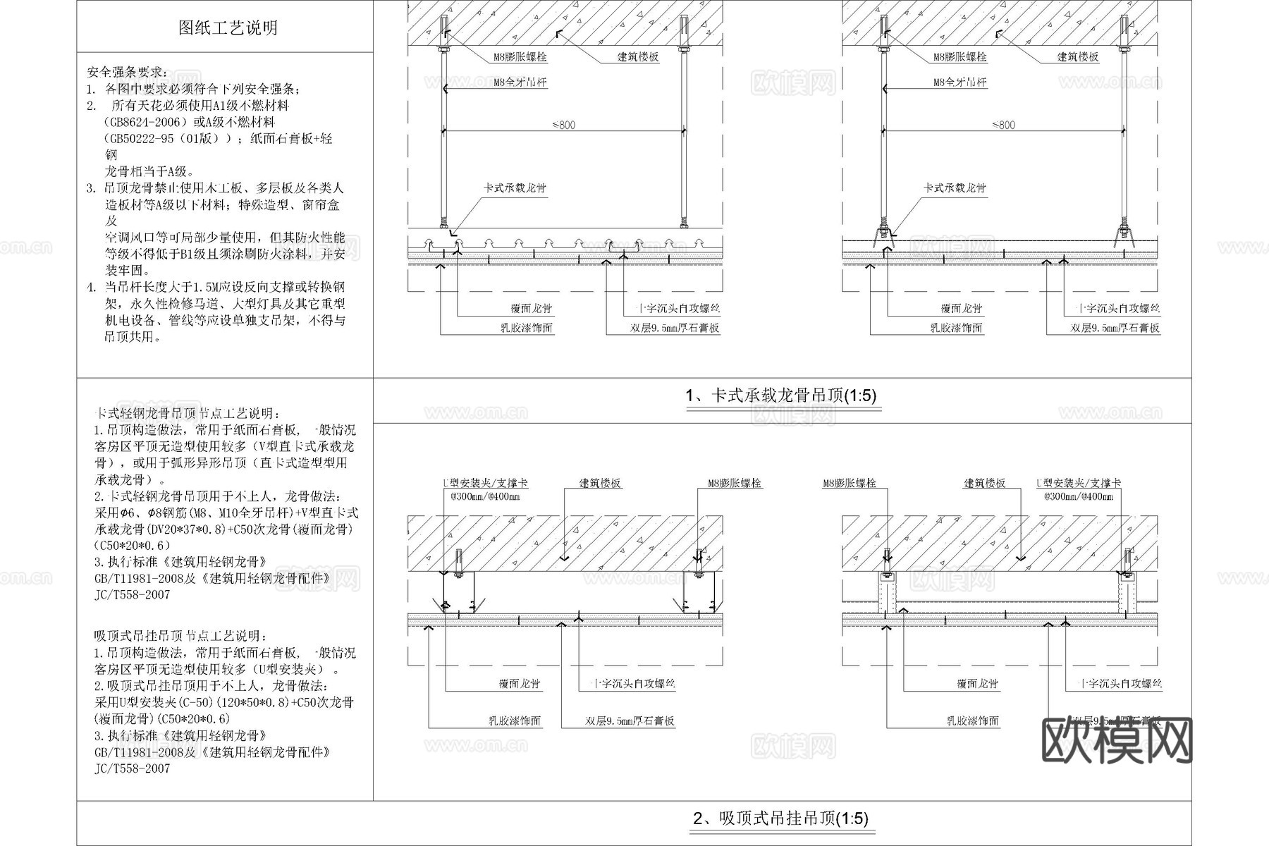 吊顶节点 轻钢龙骨吊顶 钢架吊顶 钢架转换层节点 石膏板吊顶cad施工图