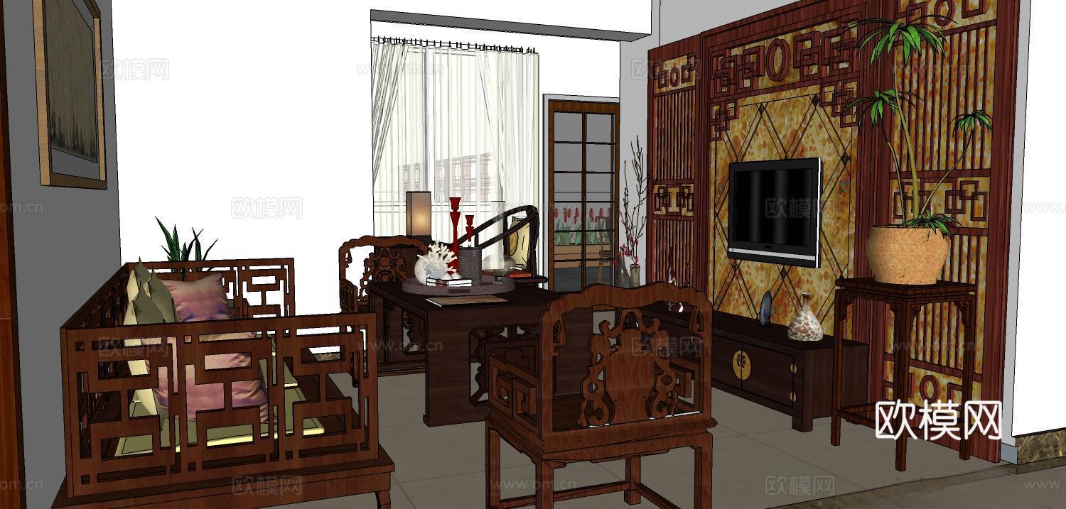 中式客厅 中式风格 实木沙发椅 实木电视背景墙su模型