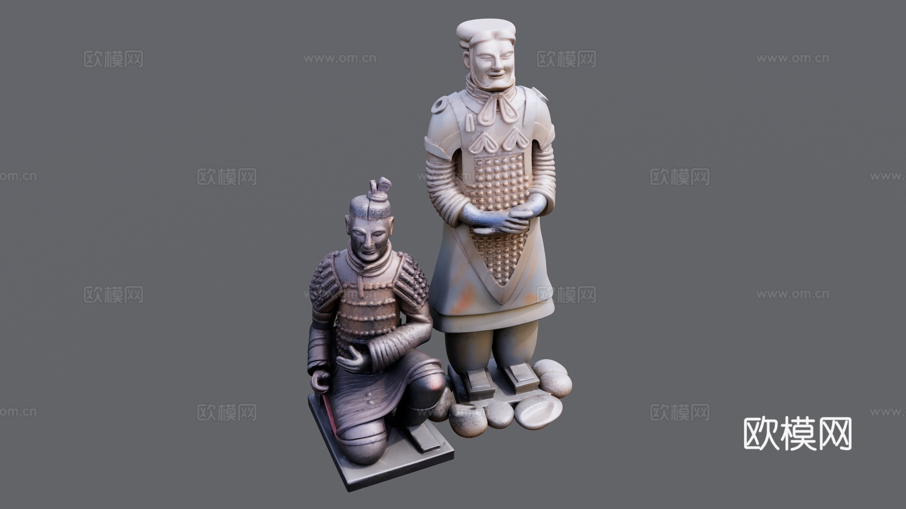 两个兵马俑雕塑组合su模型
