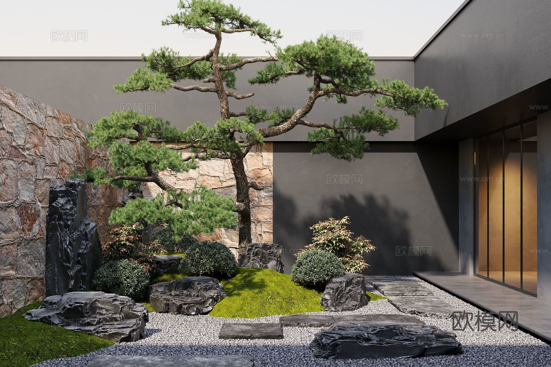 新中式天井庭院景观 天井庭院 松树 青石板 景观石su模型