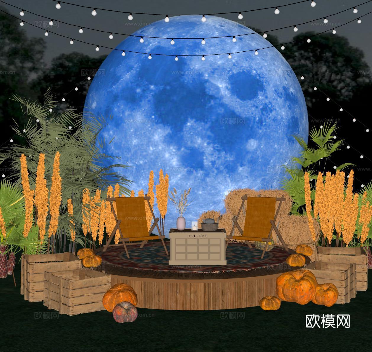 现代露营风植物造景 露营风造景装置 景观植物 露营椅su模型