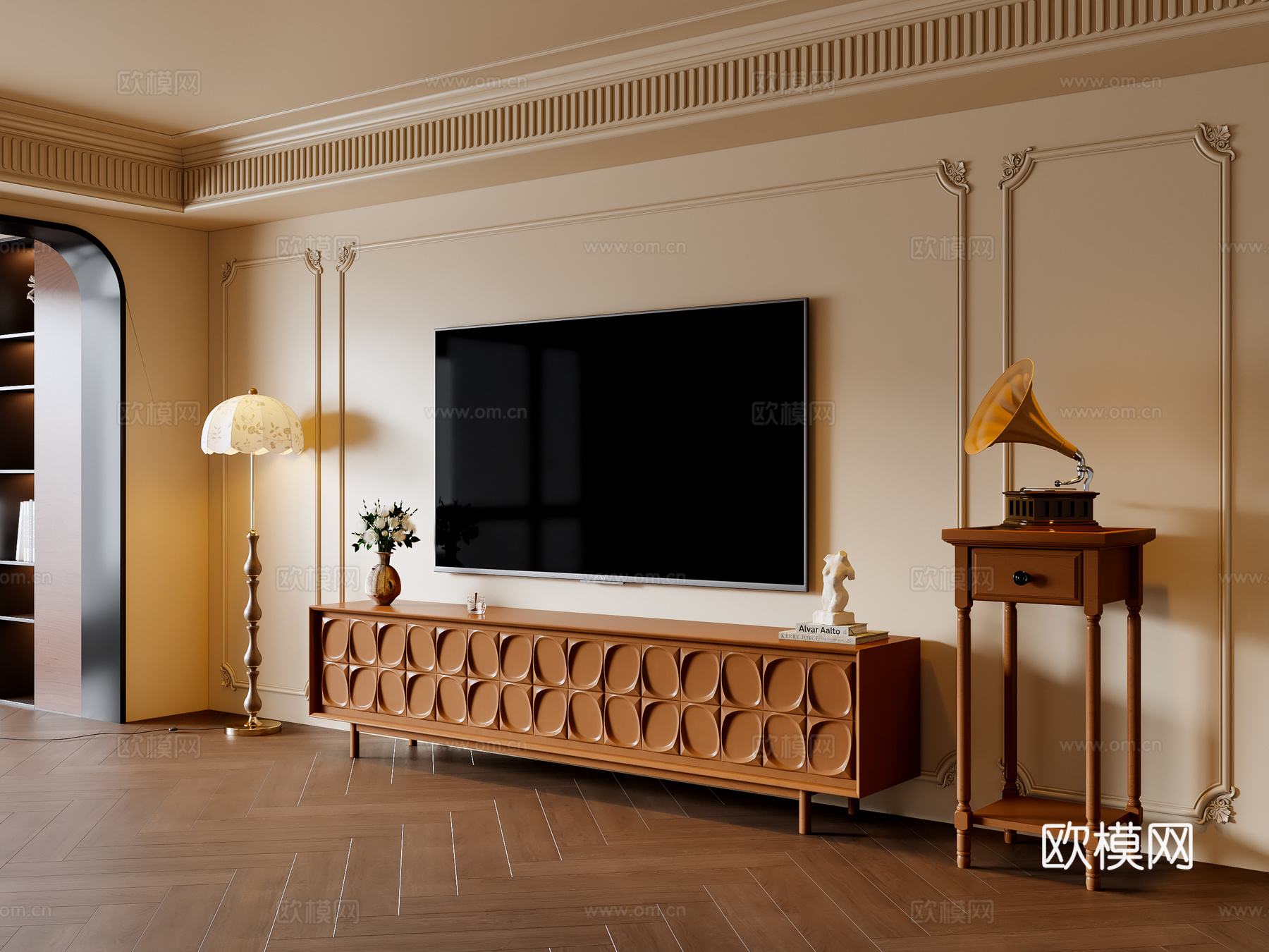 法式中古风电视柜 电视机 落地灯 饰品摆件3d模型下载