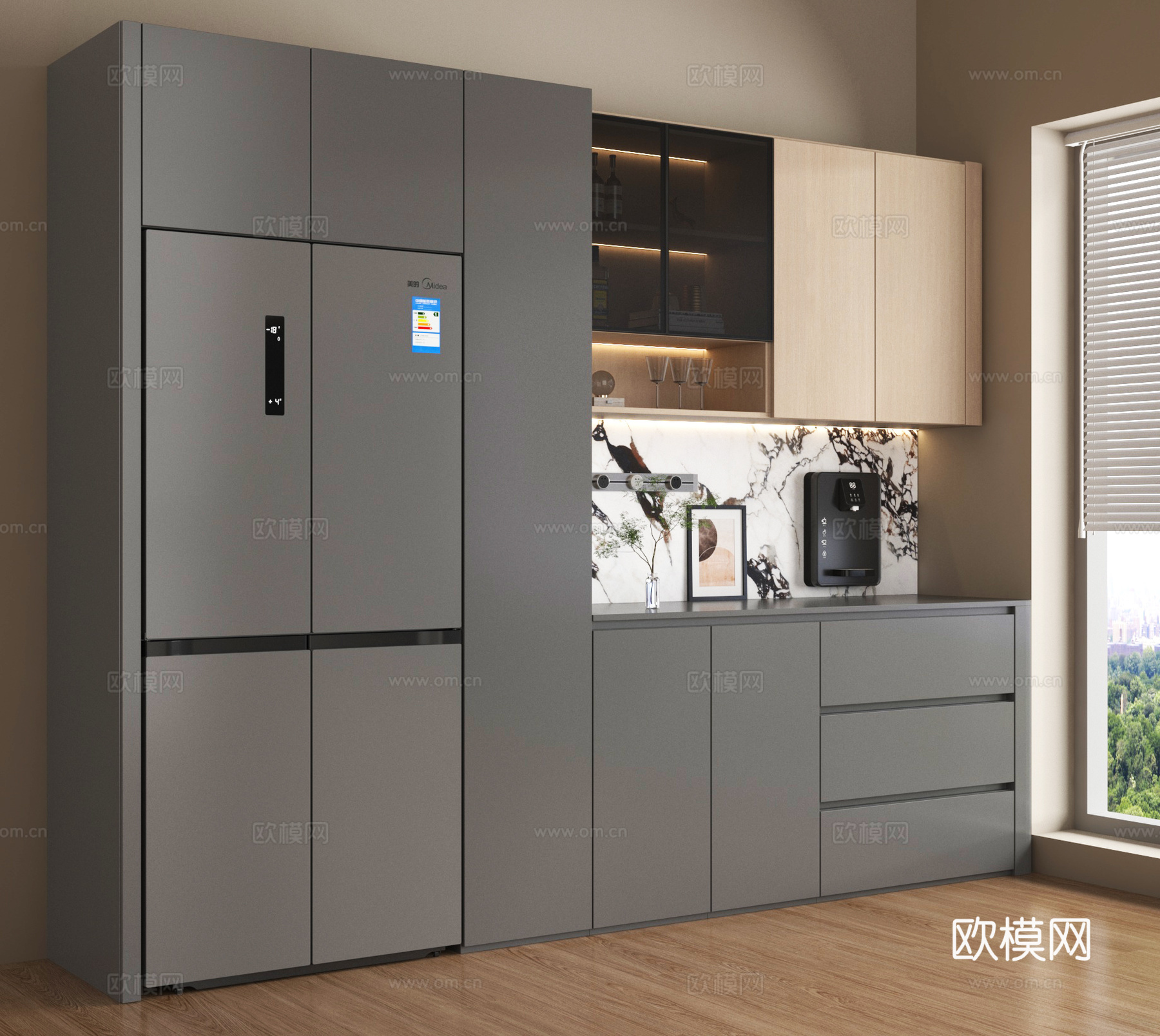 现代餐边柜 餐边柜酒柜 备餐柜 冰箱su模型
