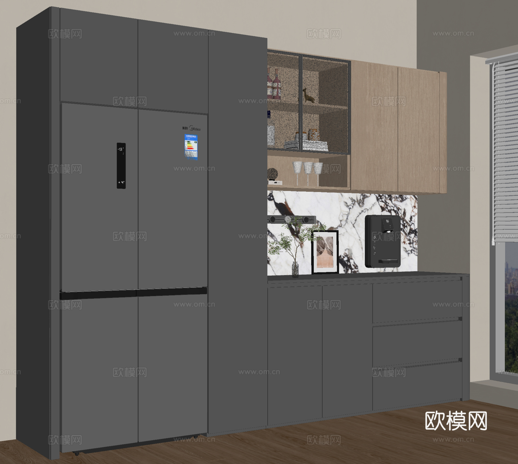 现代餐边柜 餐边柜酒柜 备餐柜 冰箱su模型