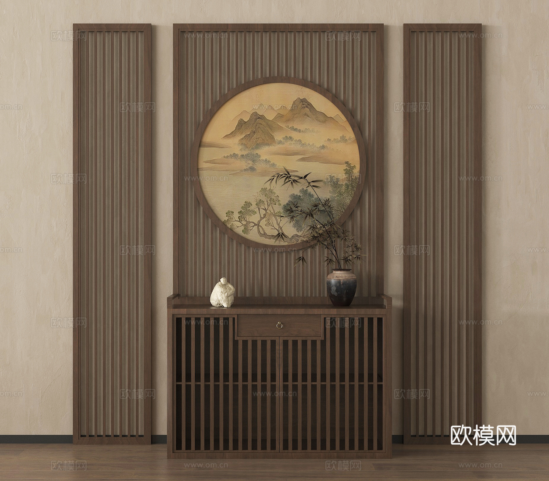 新中式禅意隔断 玄关屏风隔断 木隔断 条案su模型
