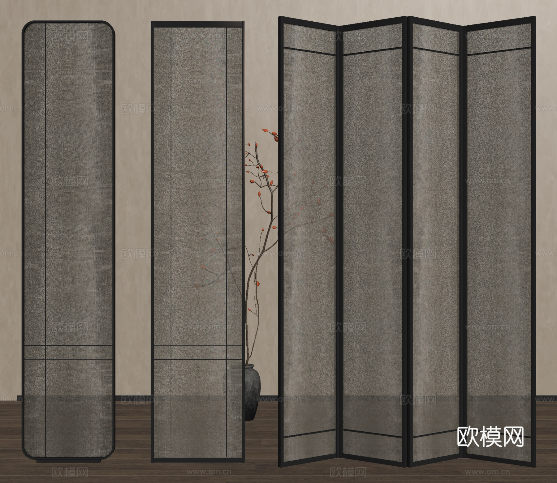 中古风隔断 夹丝玻璃隔断 折叠屏风隔断su模型