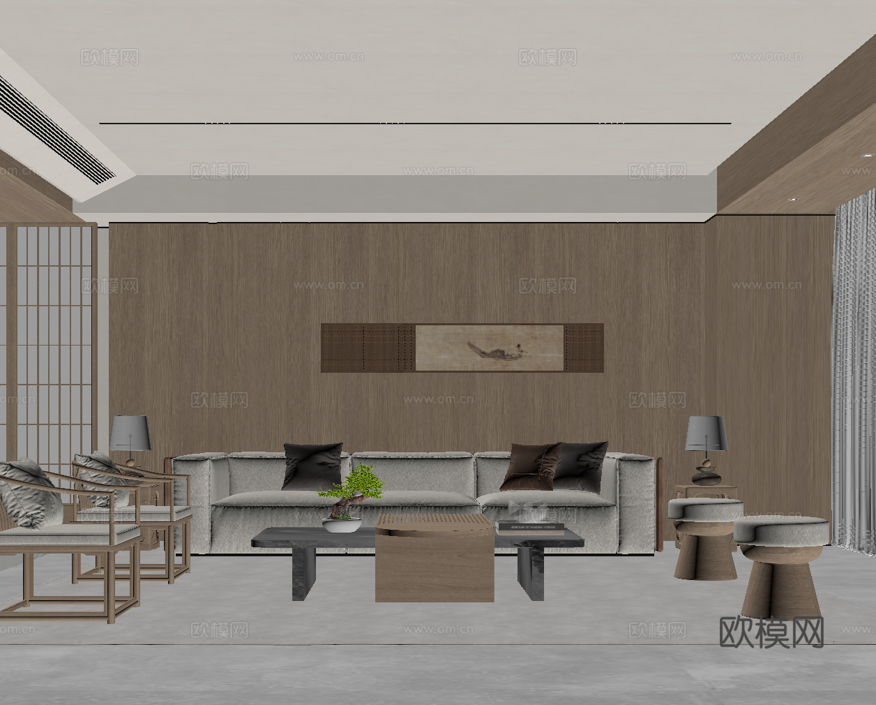 新中式客厅 沙发茶几组合 背景墙su模型