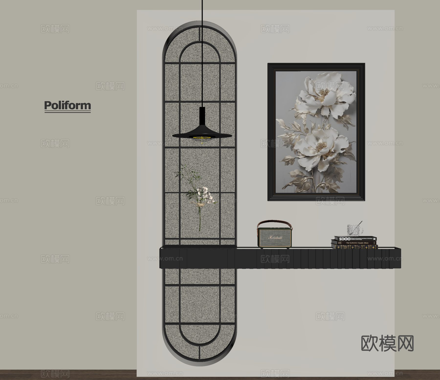 现代奶油风隔断 玄关隔断 吊灯 条案su模型