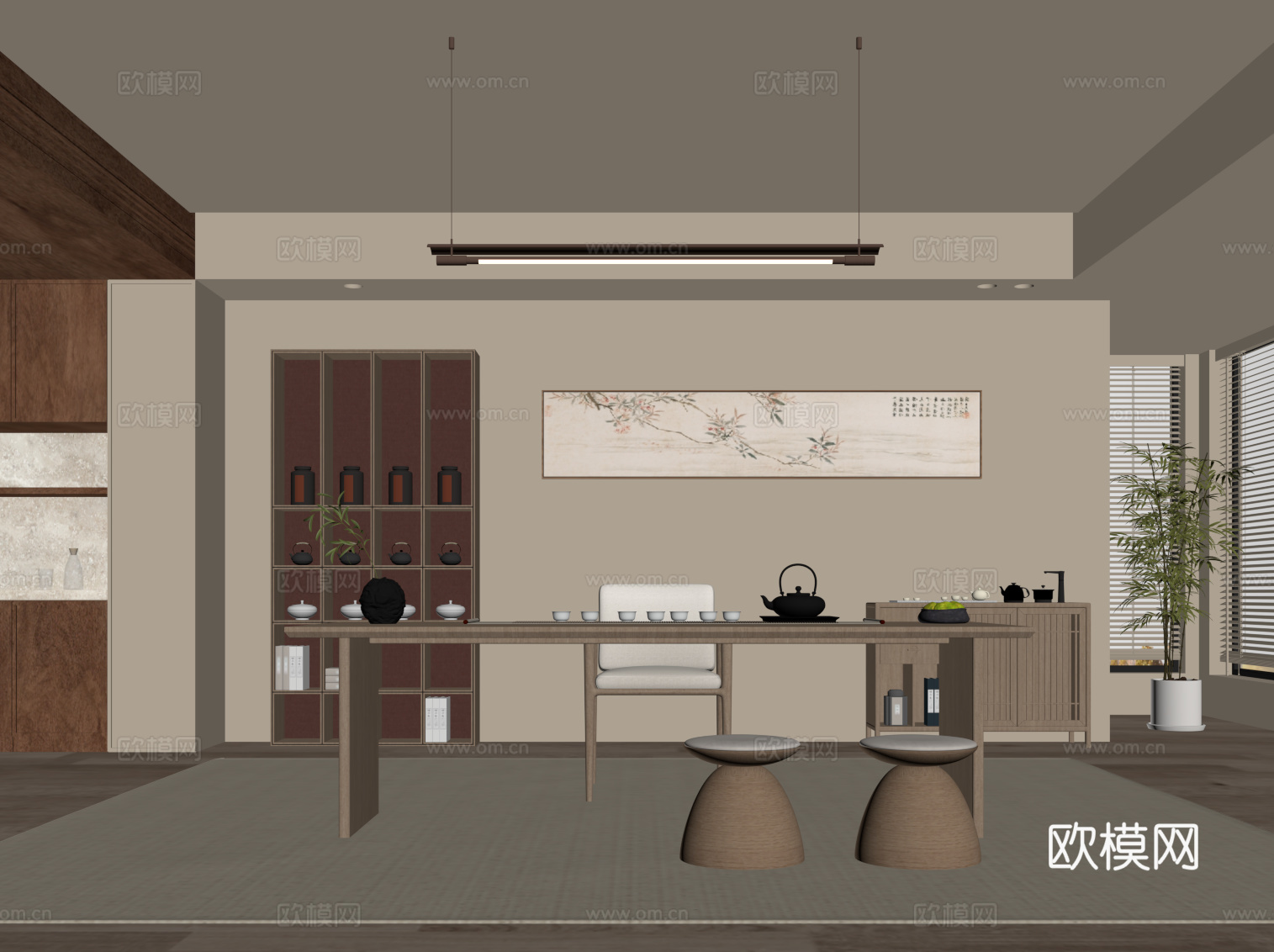 新中式茶室 茶桌椅组合 茶台 茶柜su模型
