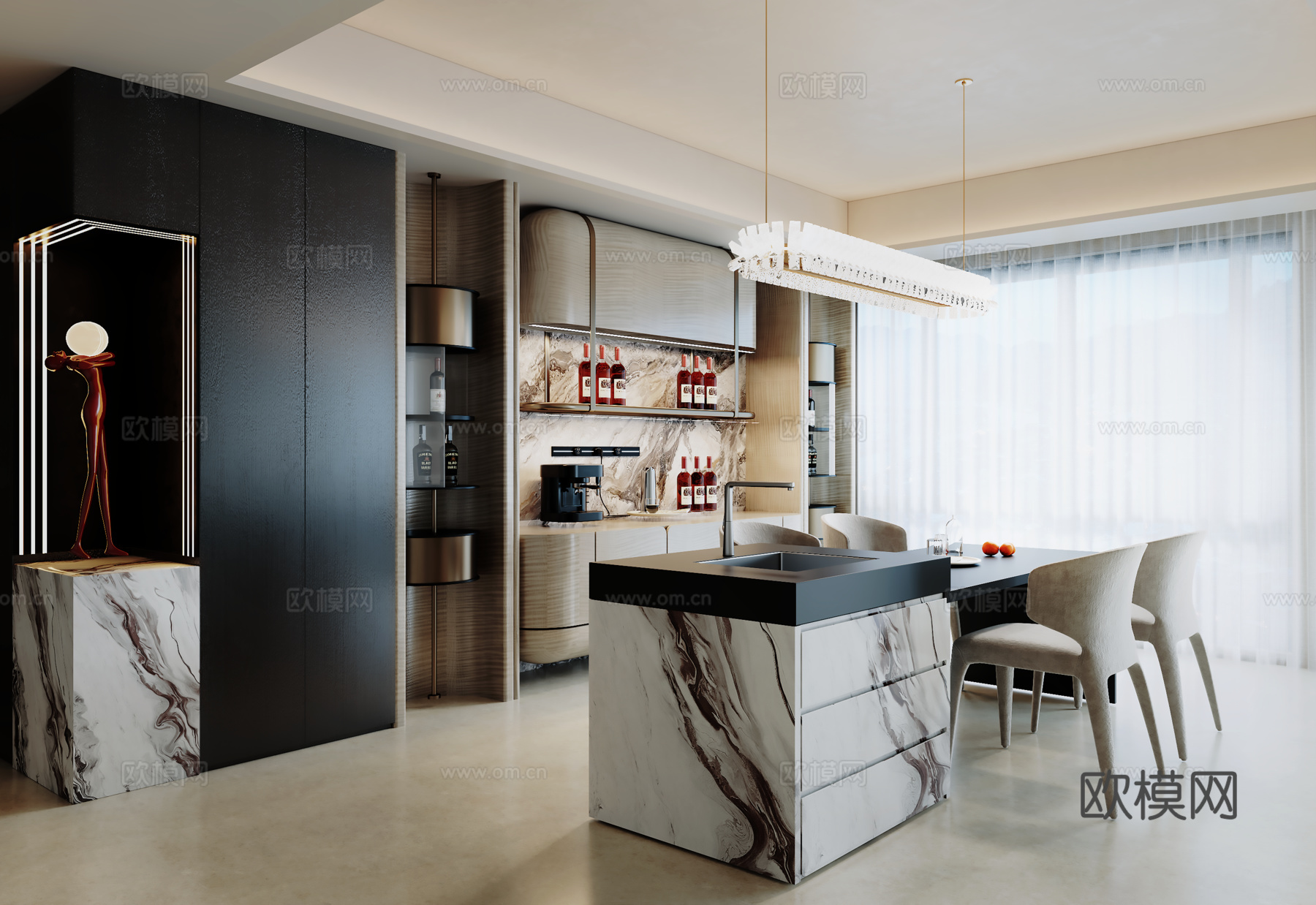 意式现代餐厅 岛台餐厅 意式餐边柜3d模型下载