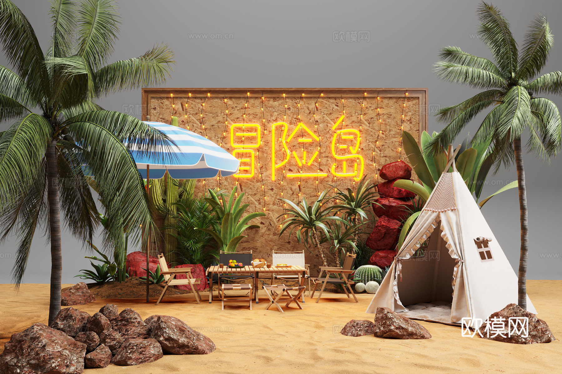 现代露营风植物造景 露营风造景装置 景观植物 露营椅3d模型下载