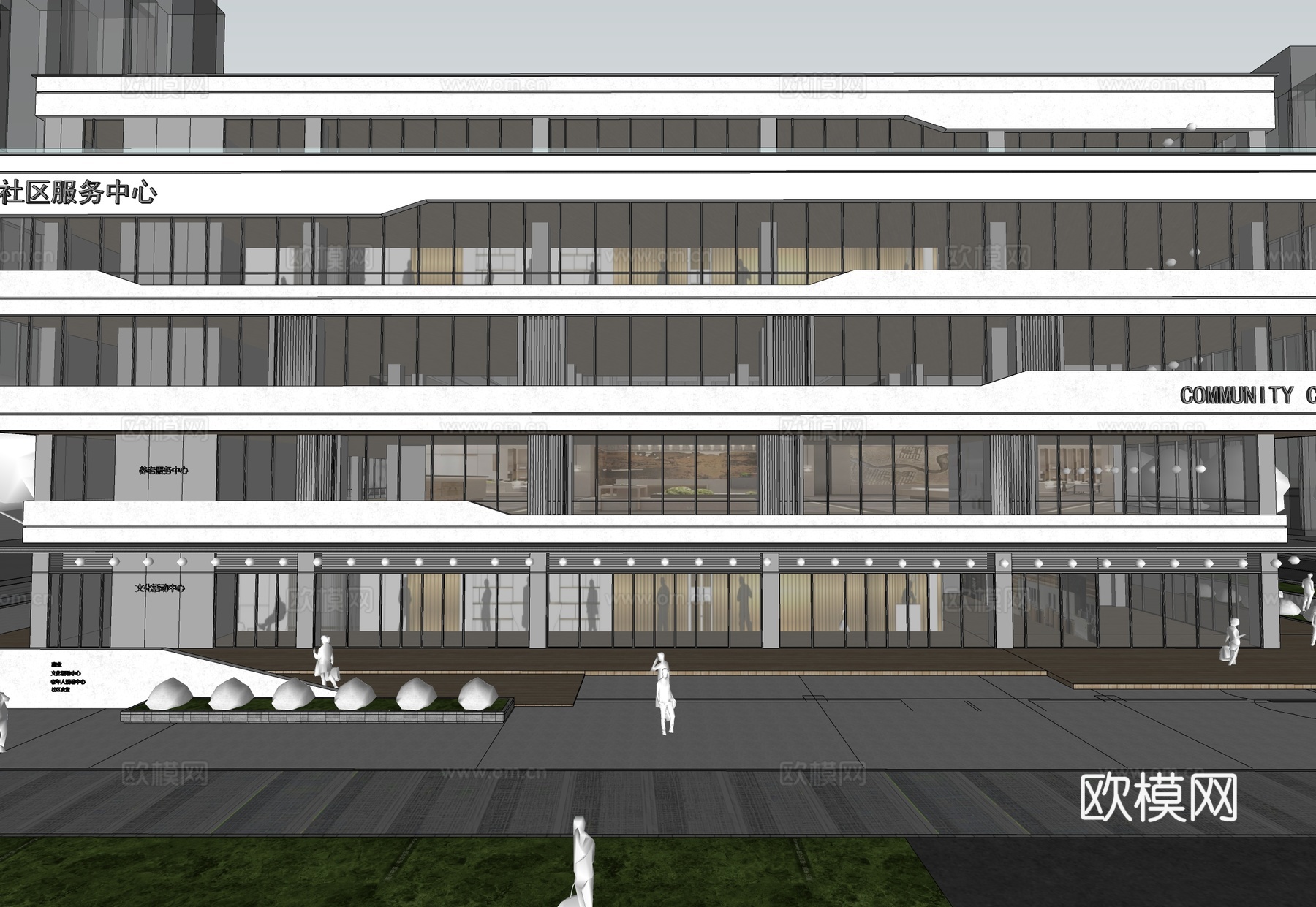 现代社区活动中心建筑 政务服务中心建筑su模型