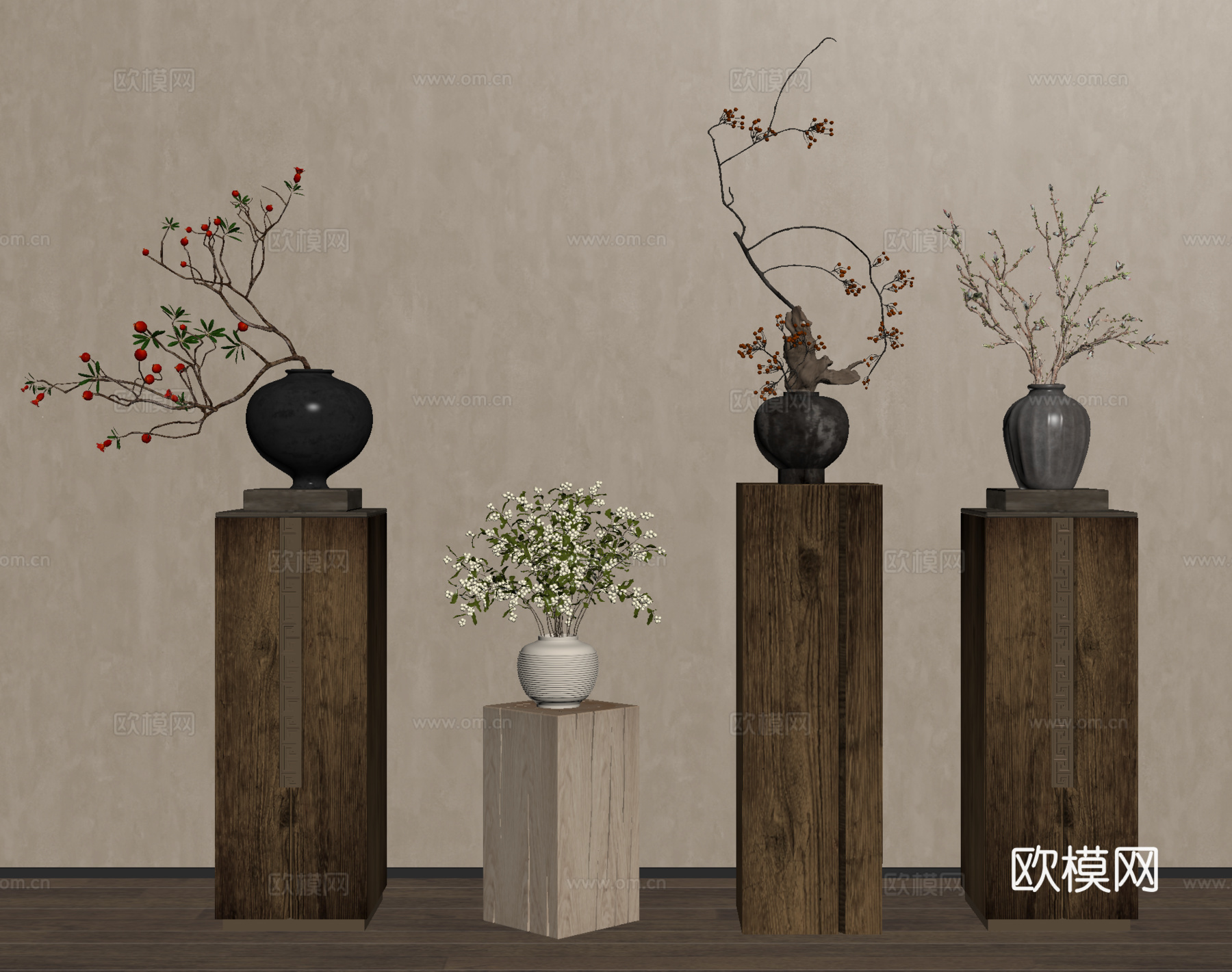 侘寂花艺 花架 花瓶 花卉花艺 花几su模型
