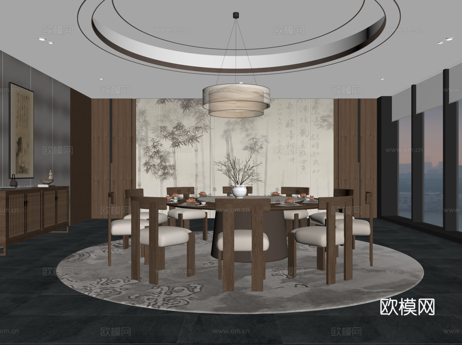 新中式酒店餐厅包房 包间 包厢su模型