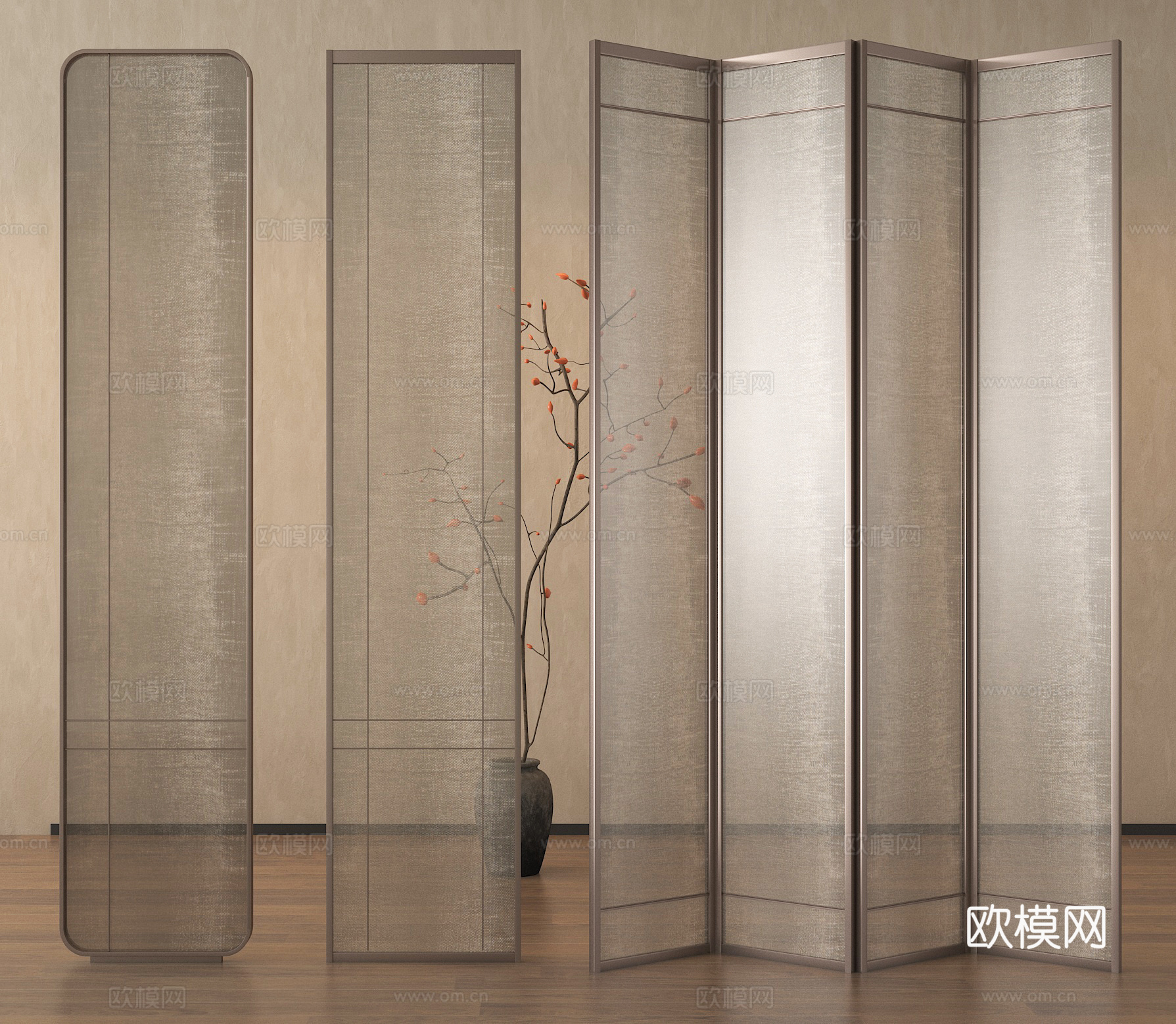 中古风隔断 夹丝玻璃隔断 折叠屏风隔断su模型