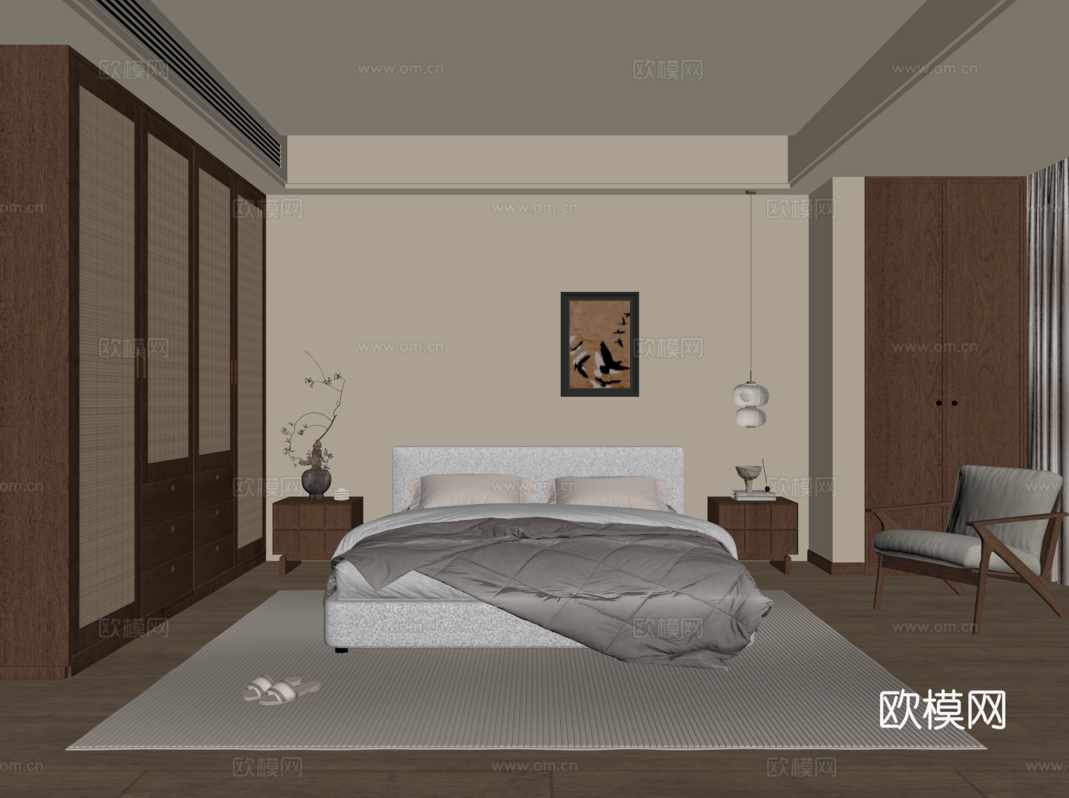 中古风家居卧室 主卧 双人床 衣柜su模型