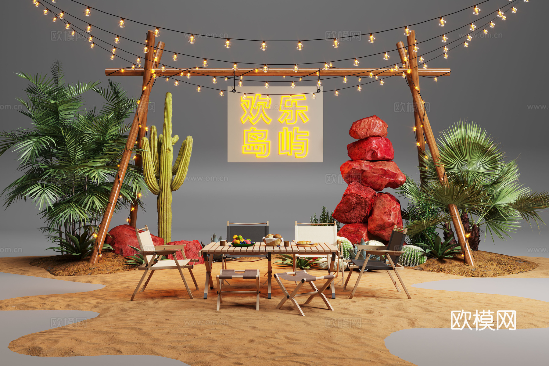 现代露营风植物造景 露营风造景装置 景观植物 露营椅3d模型下载