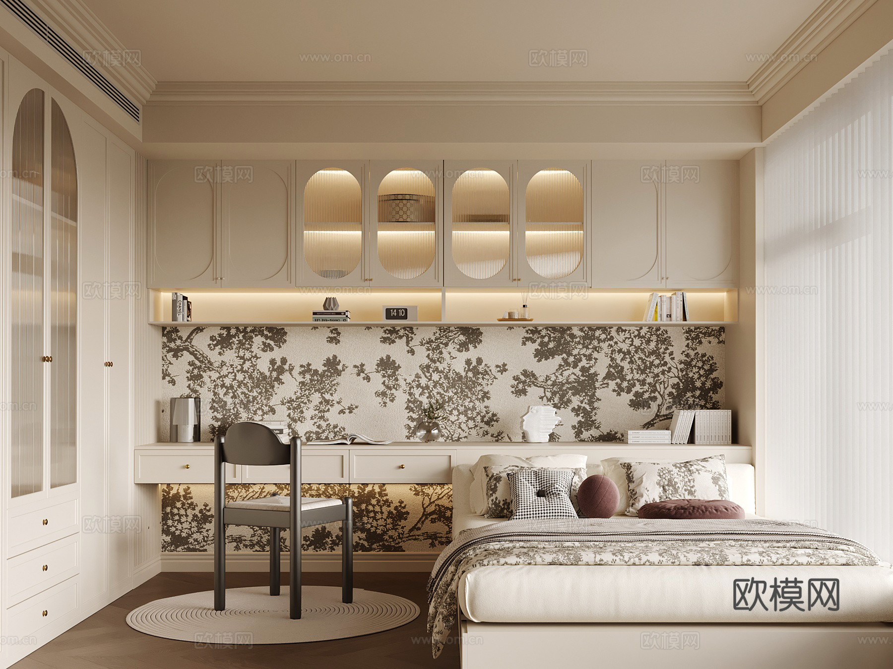 法式榻榻米卧室 双人床 衣柜 书柜3d模型下载