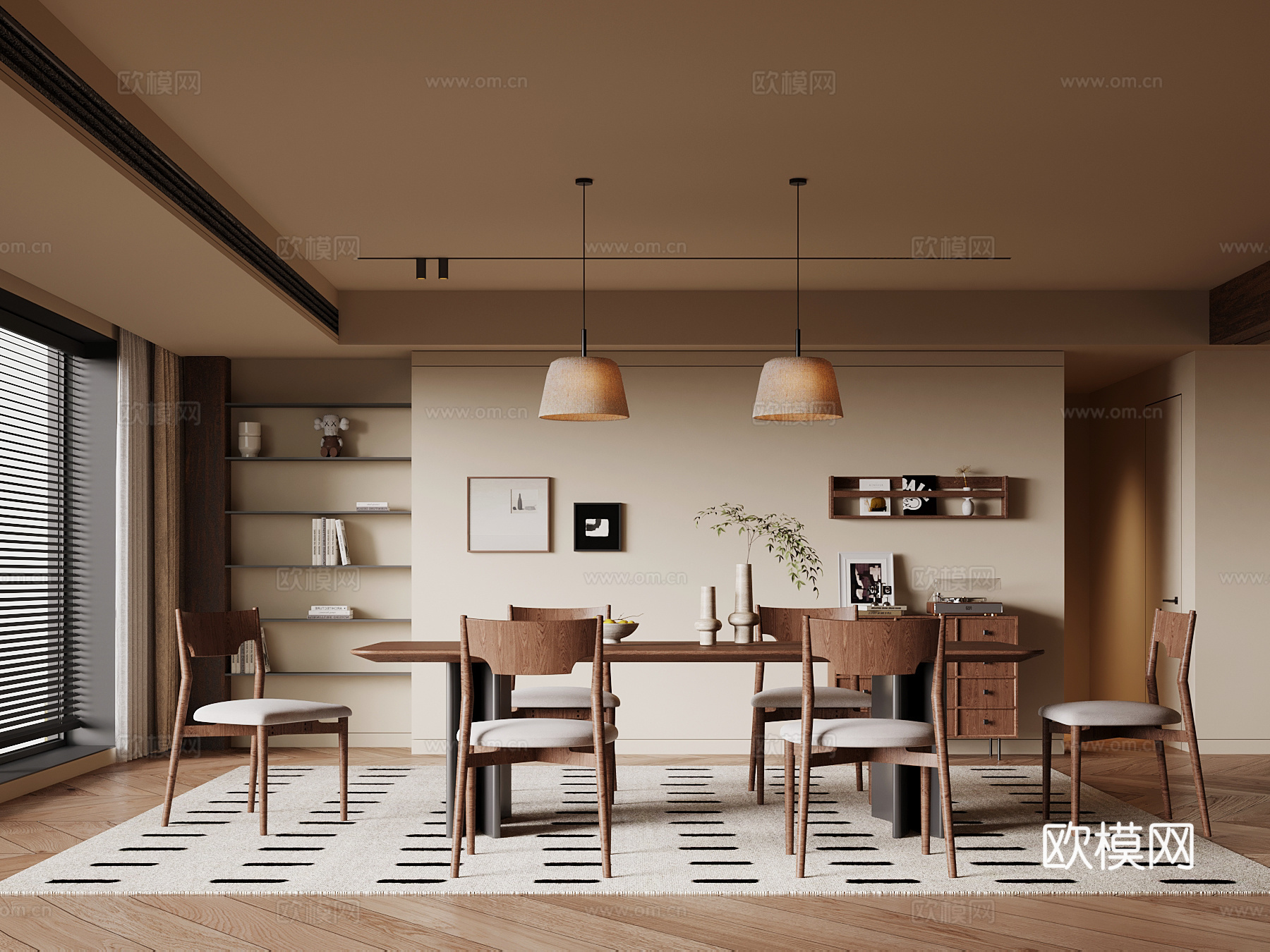 中古风餐厅 餐桌椅 餐边柜3d模型下载